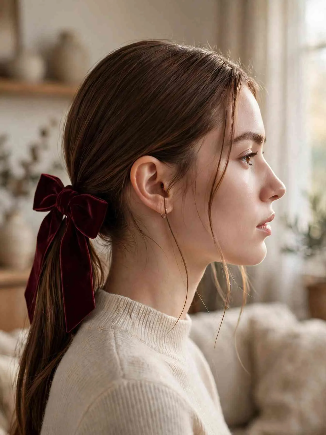 Sleek low ponytail tied with a burgundy velvet ribbon bow, side profile