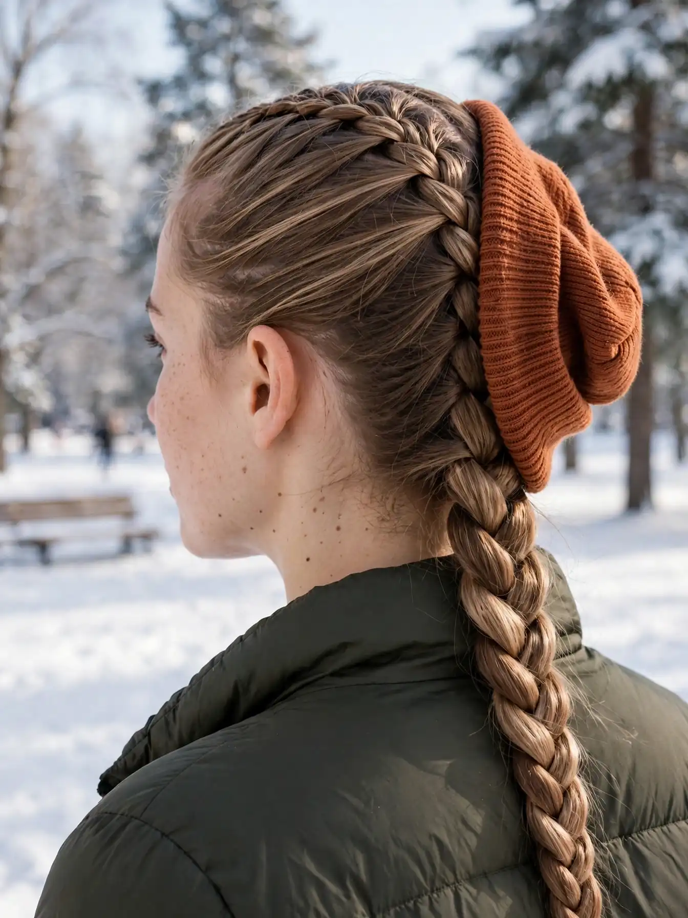 22 Cozy Winter Braid Hairstyles to Try This Season 3 Sleek French braid under a rust knit beanie in a snow park