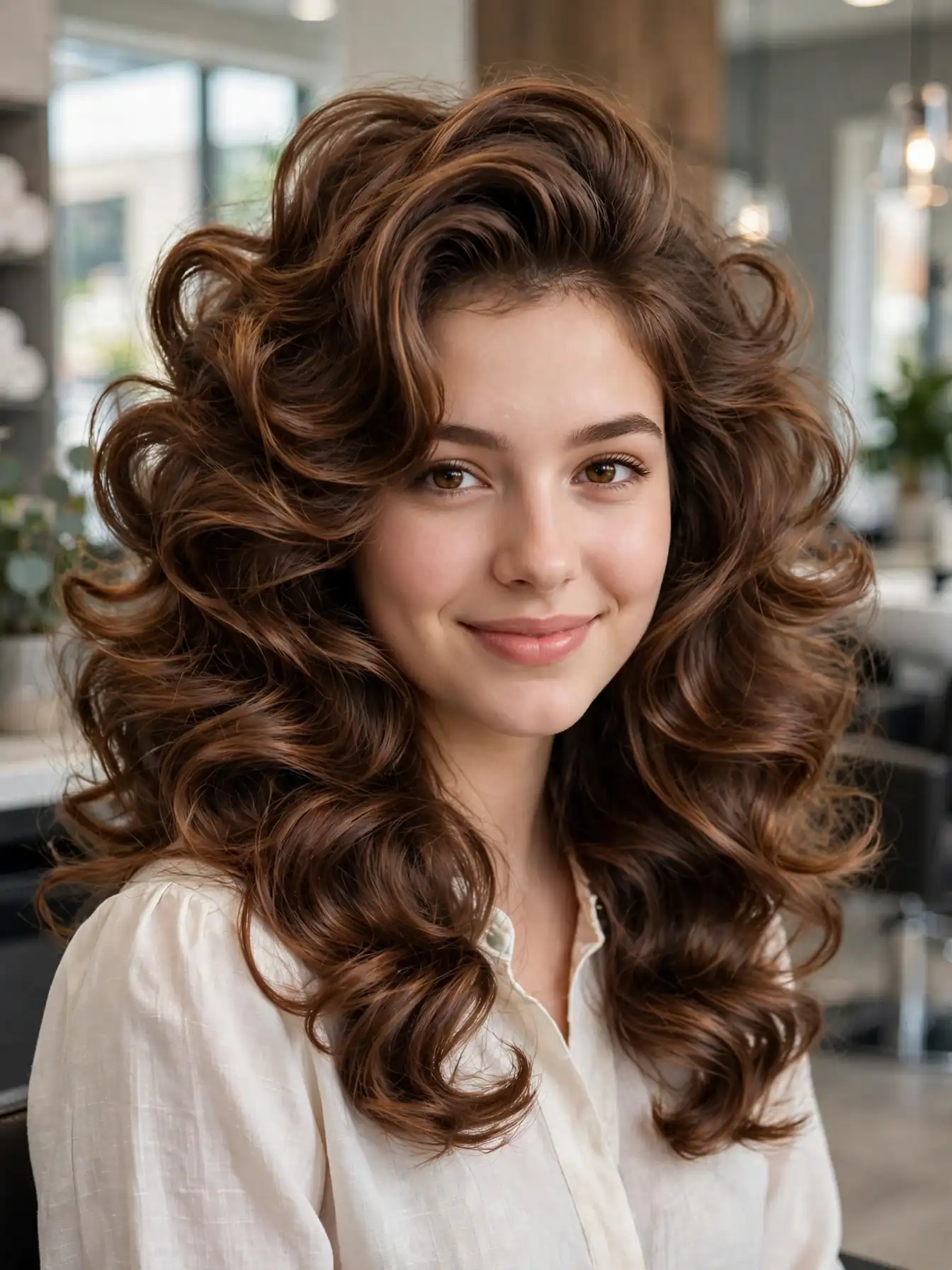 Big bouncy salon blowout curls in chestnut brown hair