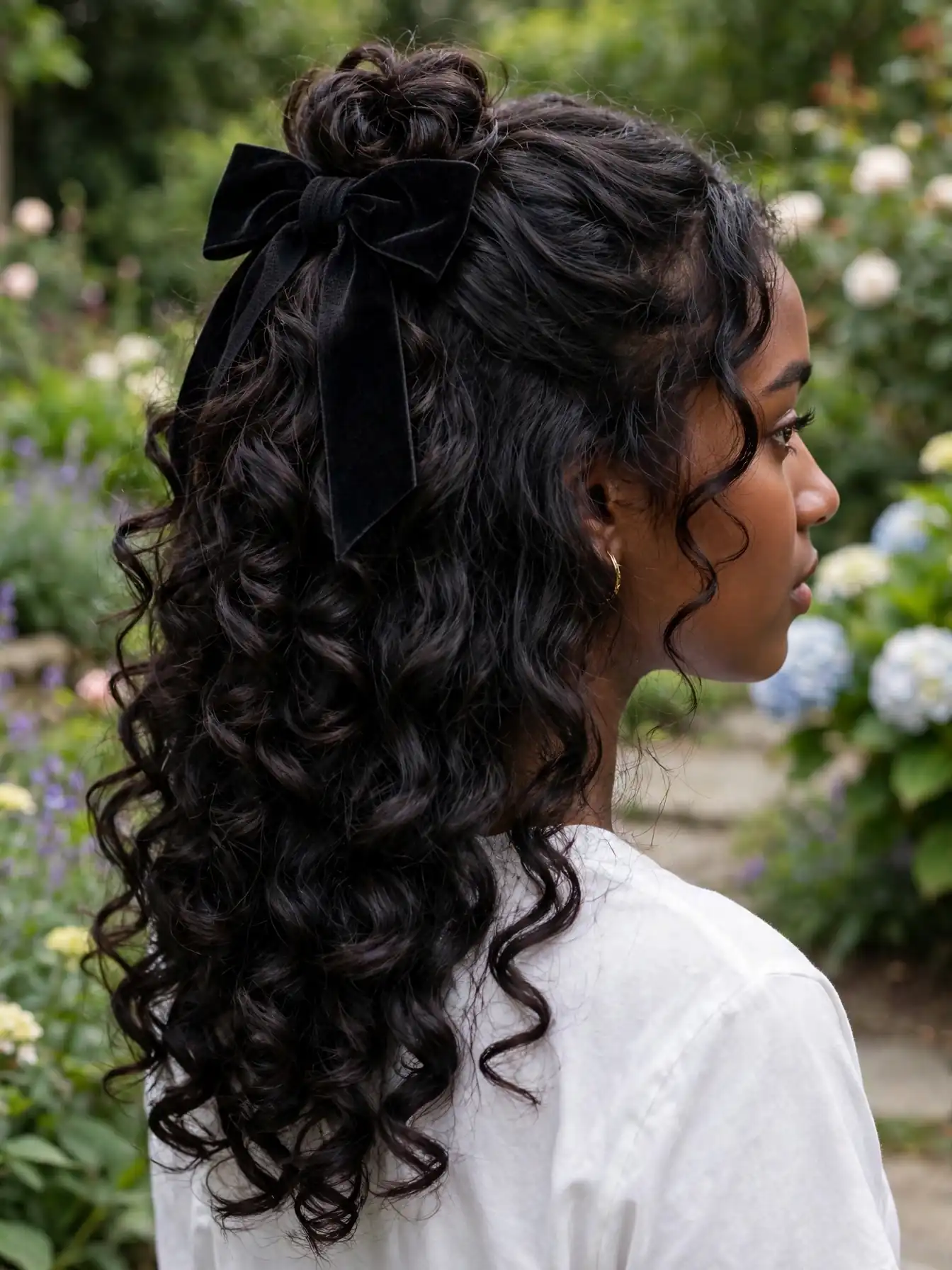 Half-up curls secured with a wide black velvet bow