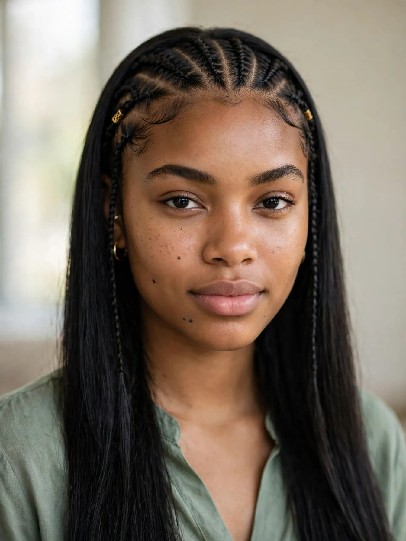 Middle-part sew-in braided leave-out hairstyle with Fulani accent braids