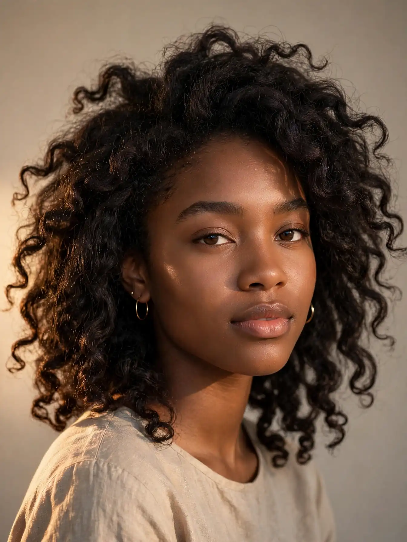 Voluminous twist-out waves on natural coily hair in sunrise light
