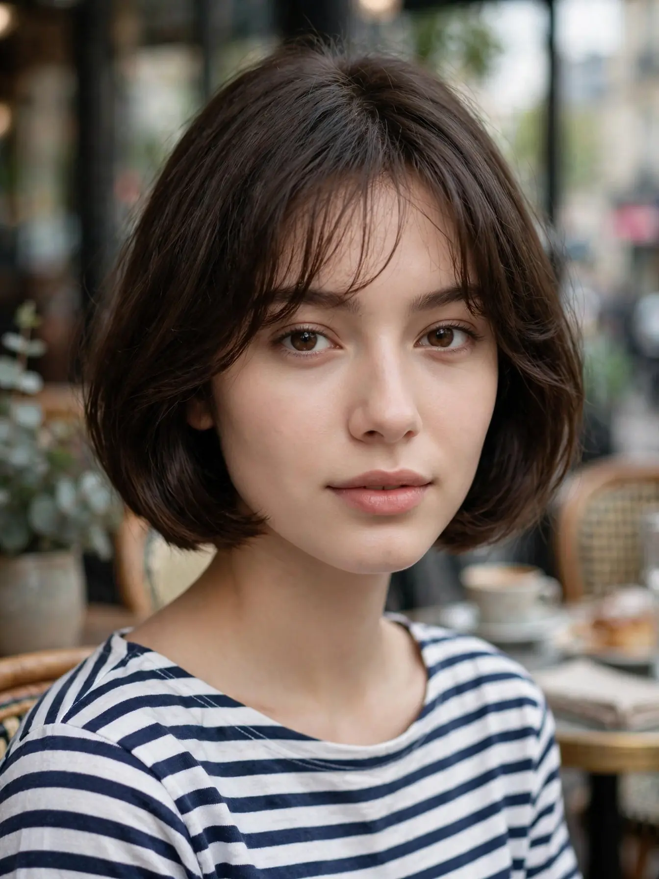 French bob haircut with airy brow-skimming bangs and a soft rounded shape