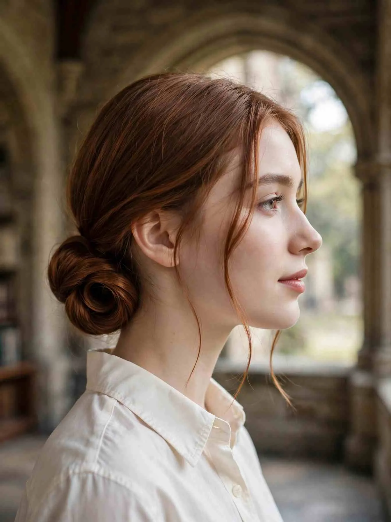 Gibson tuck updo with soft front pieces on auburn hair