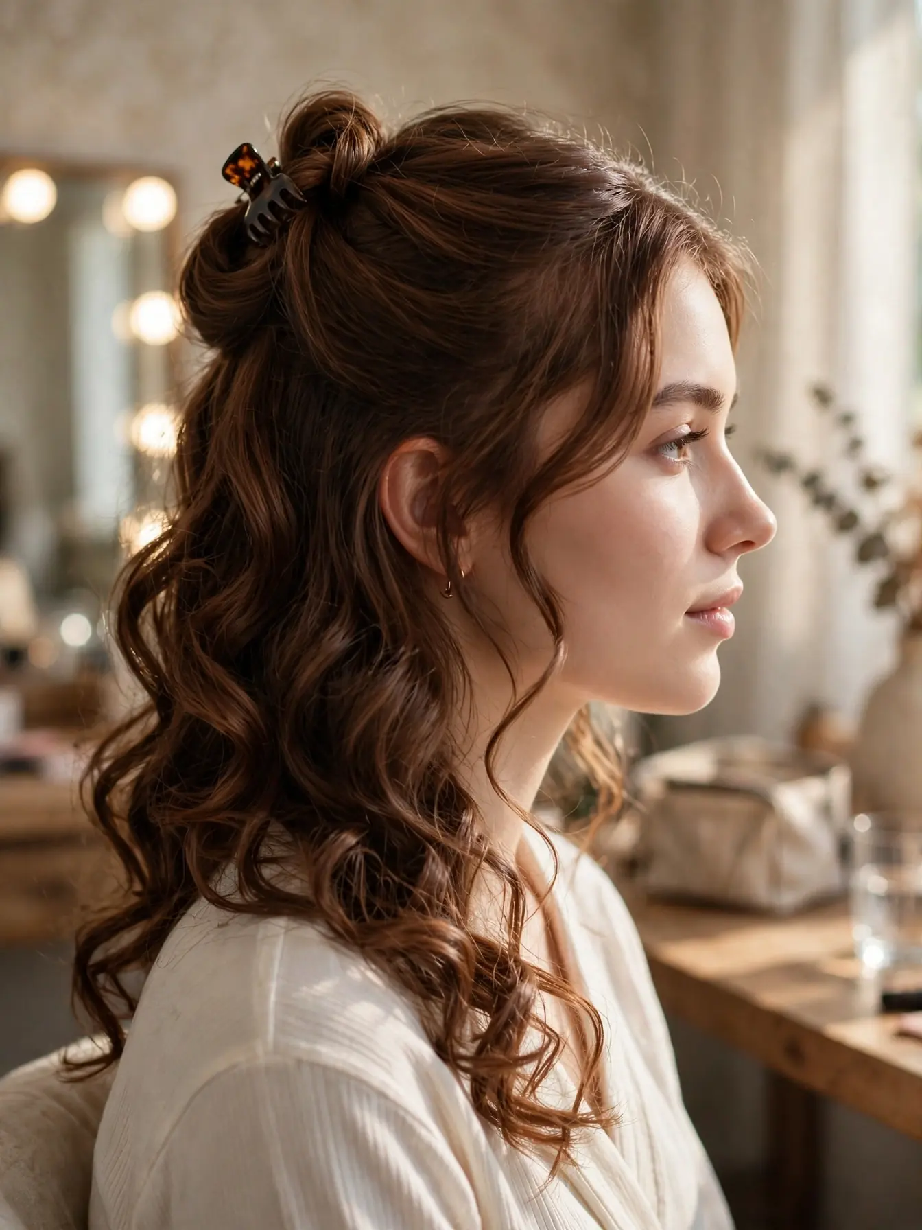 Half-up soft curls with a twisted crown section