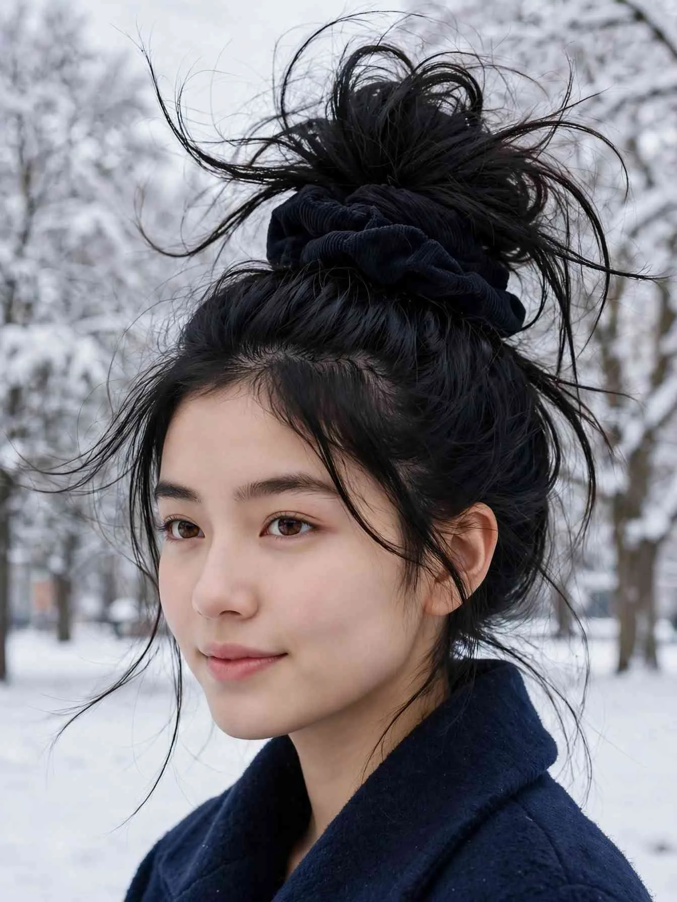 High voluminous messy top knot with a black scrunchie base in a snowy park