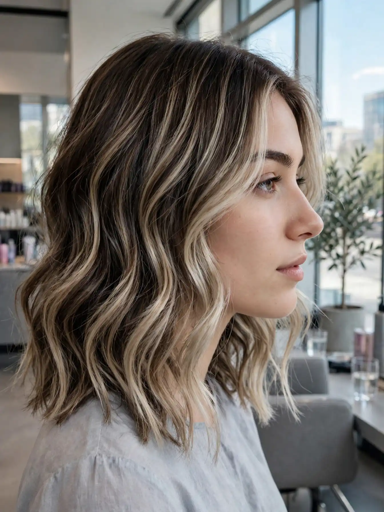 Iced mocha balayage waves with cool beige pieces