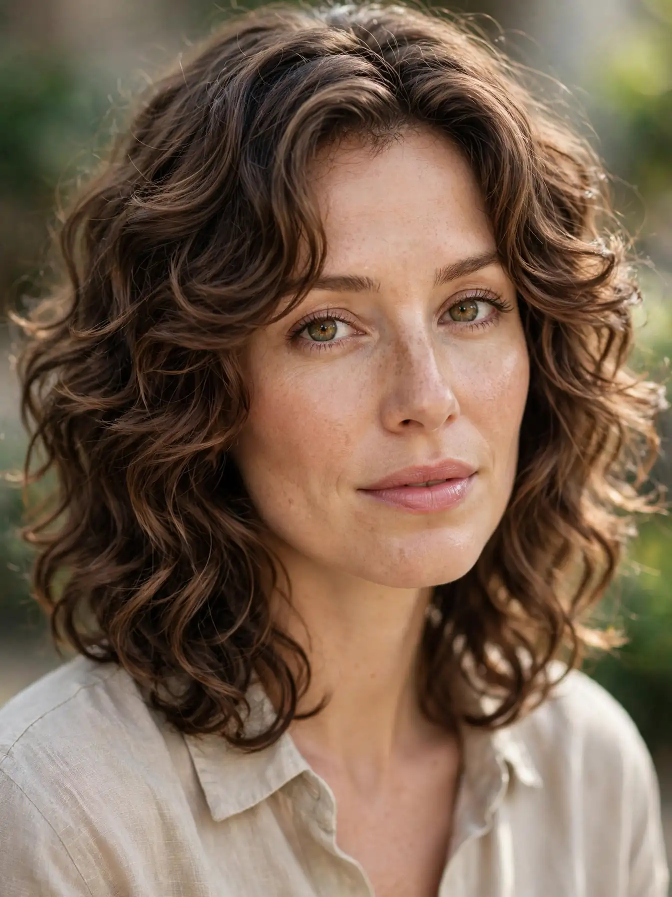 Layered curly lob haircut at collarbone length