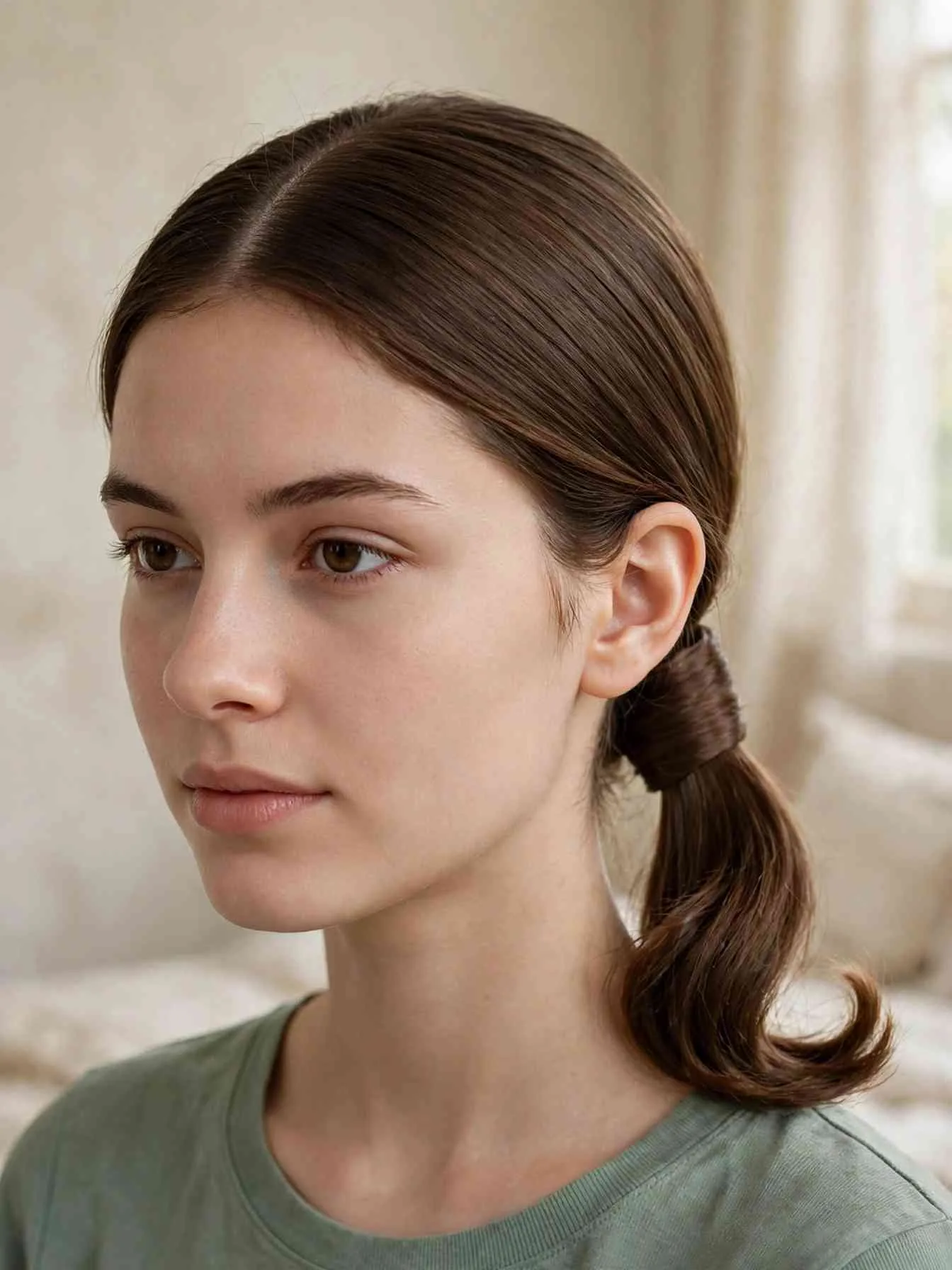 22 Clean Girl Hairstyles to Look Polished Every Day 3 Low ponytail with a precise middle part and hair-wrapped elastic