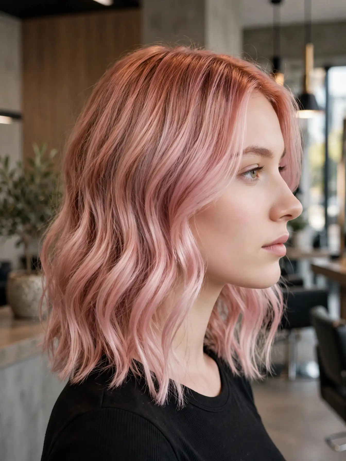 Side profile of a woman with medium-length wavy hair melting from rose gold roots into pastel pink ends in a salon interior.