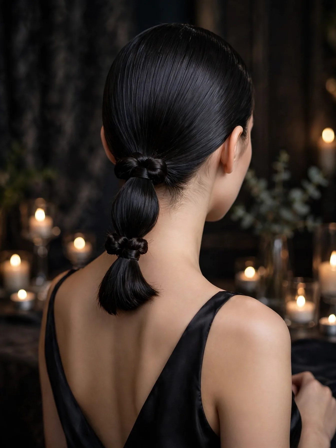 Sleek low infinity knot ponytail at the nape on straight black hair
