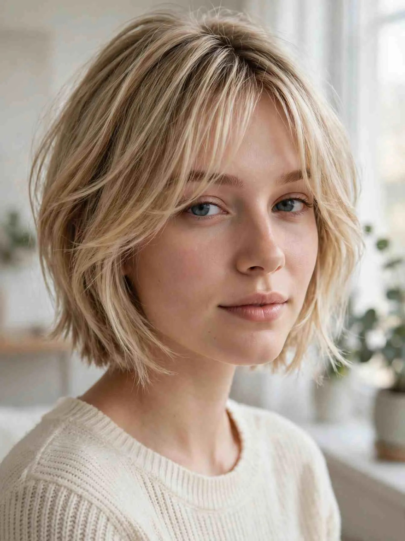 Feathered bob with long wispy bangs