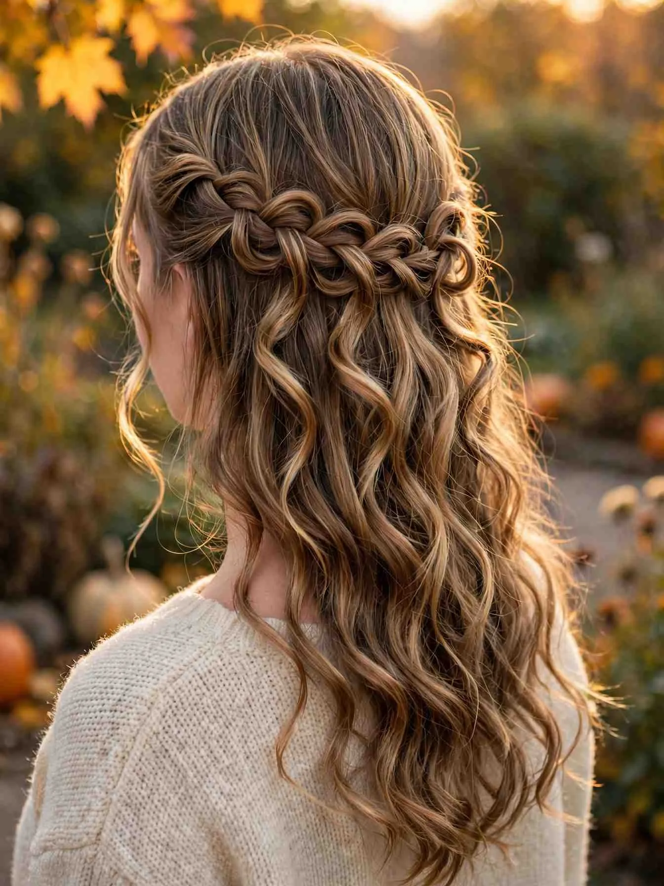 Waterfall braid half-up with curled strands cascading through the braid