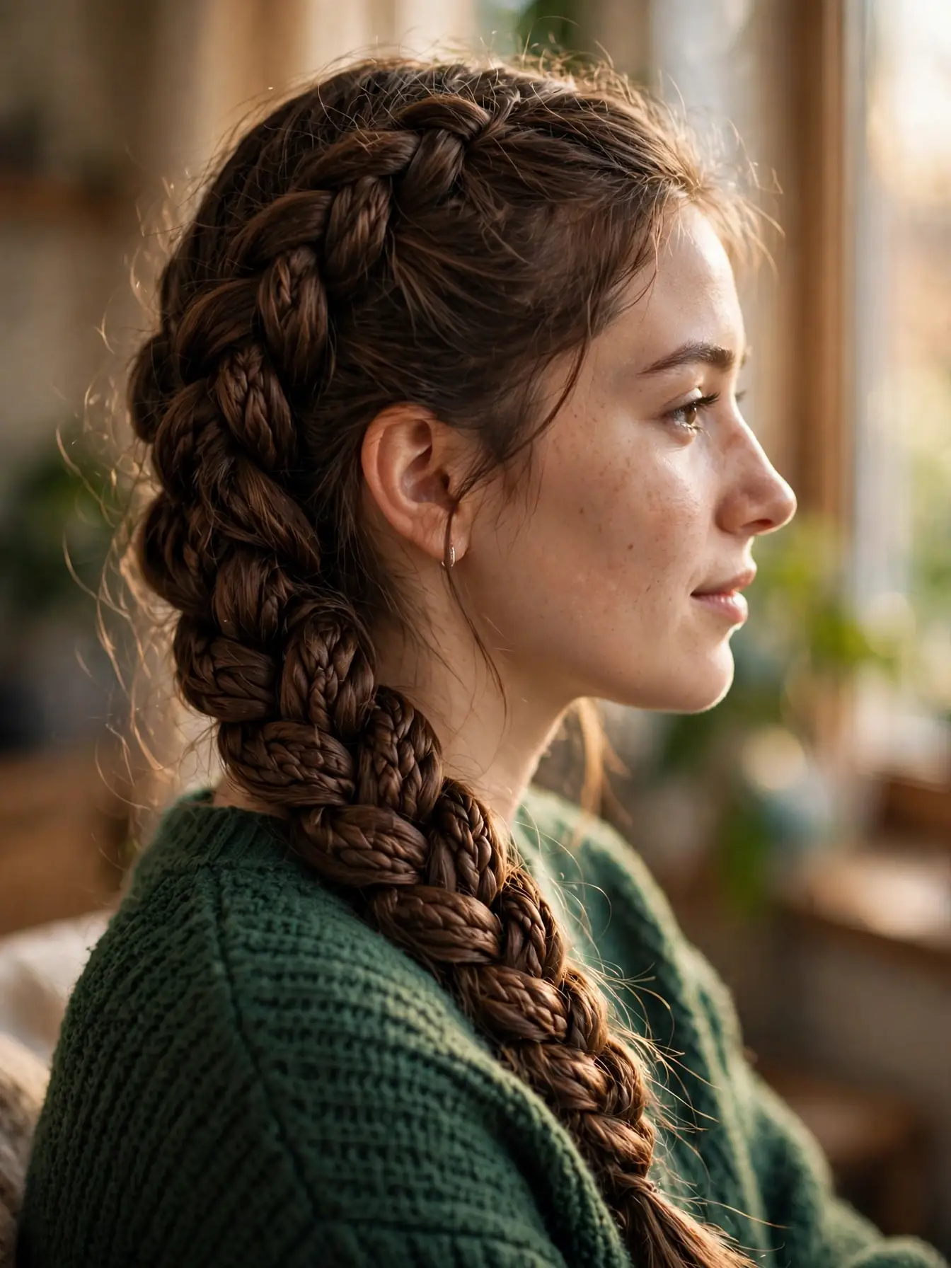 22 Cozy Winter Braid Hairstyles to Try This Season 4 Chunky Dutch braid with raised 3D texture against a green sweater