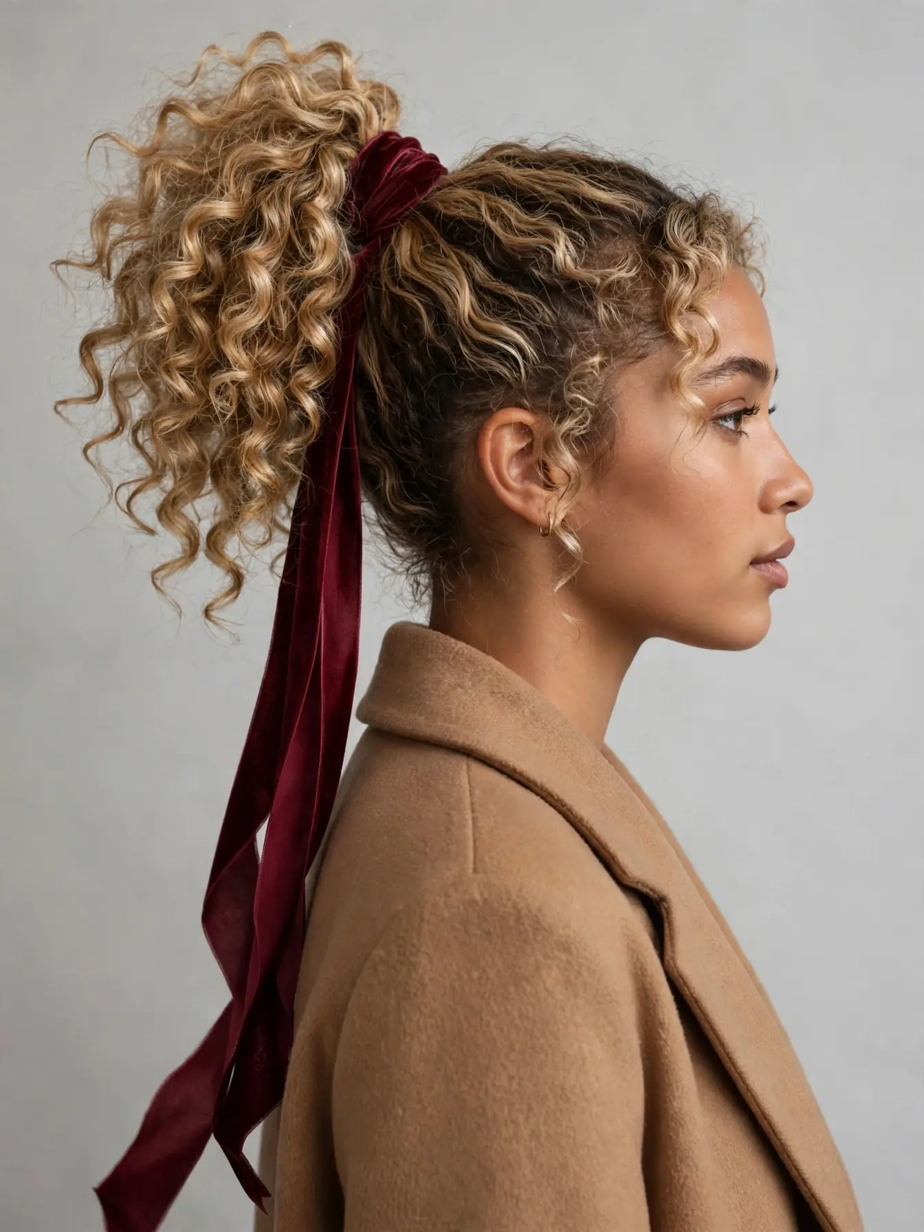 High curly ponytail with burgundy velvet ribbon wrapped at the base