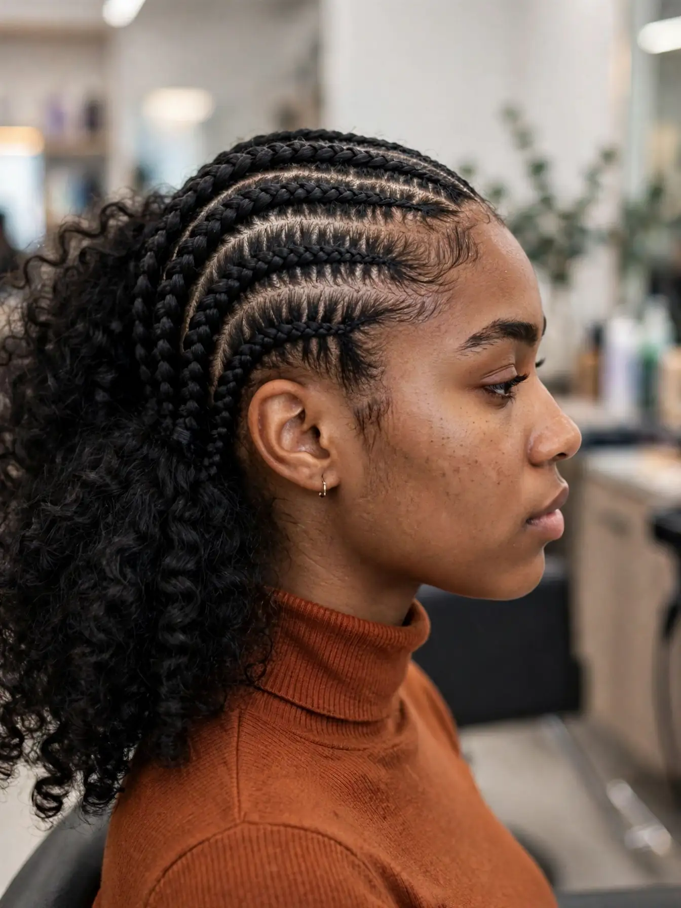 Stitch braid front sew-in braided leave-out hairstyle with voluminous curls