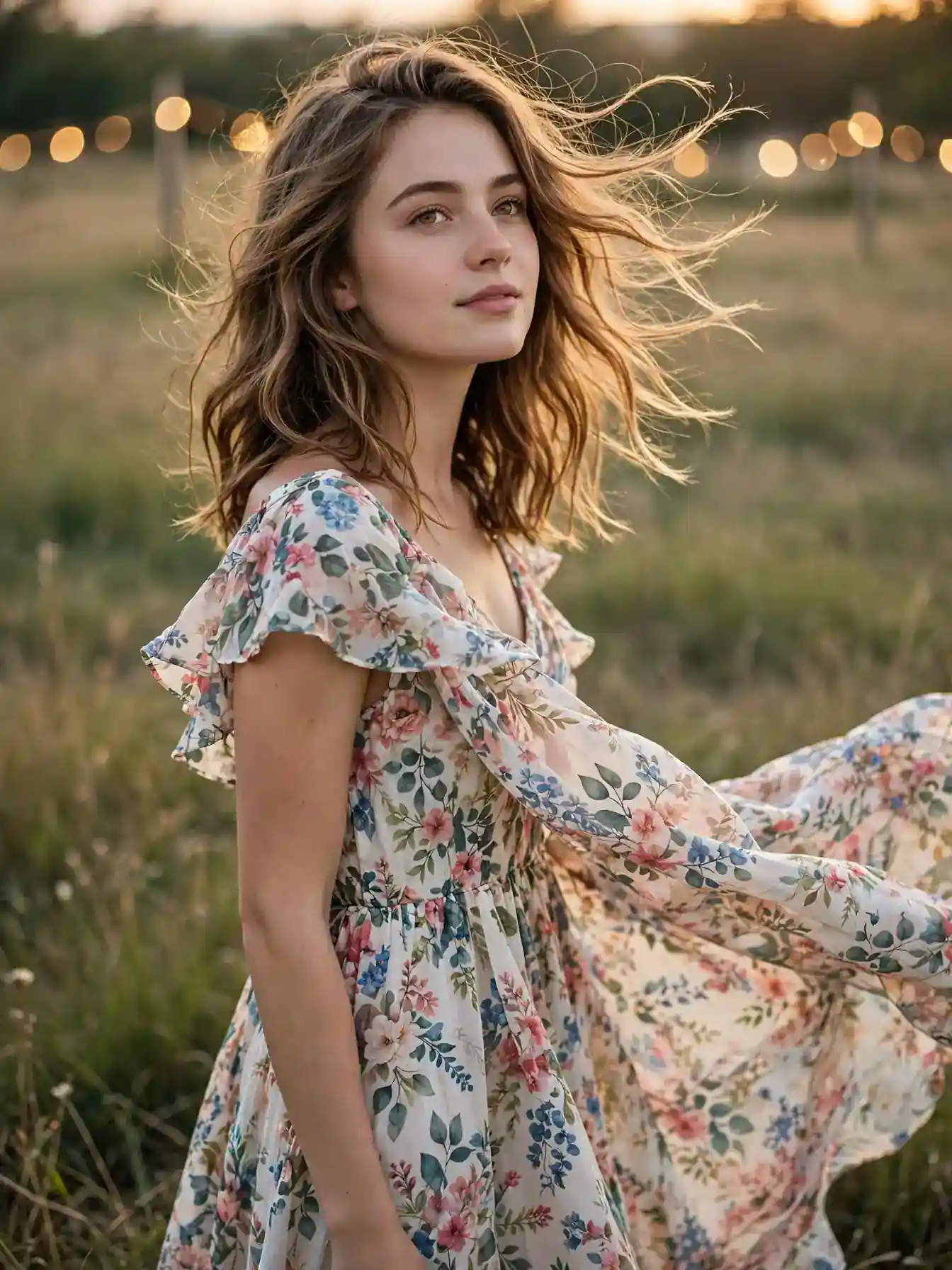 Medium-length windblown boho waves in a grassy field