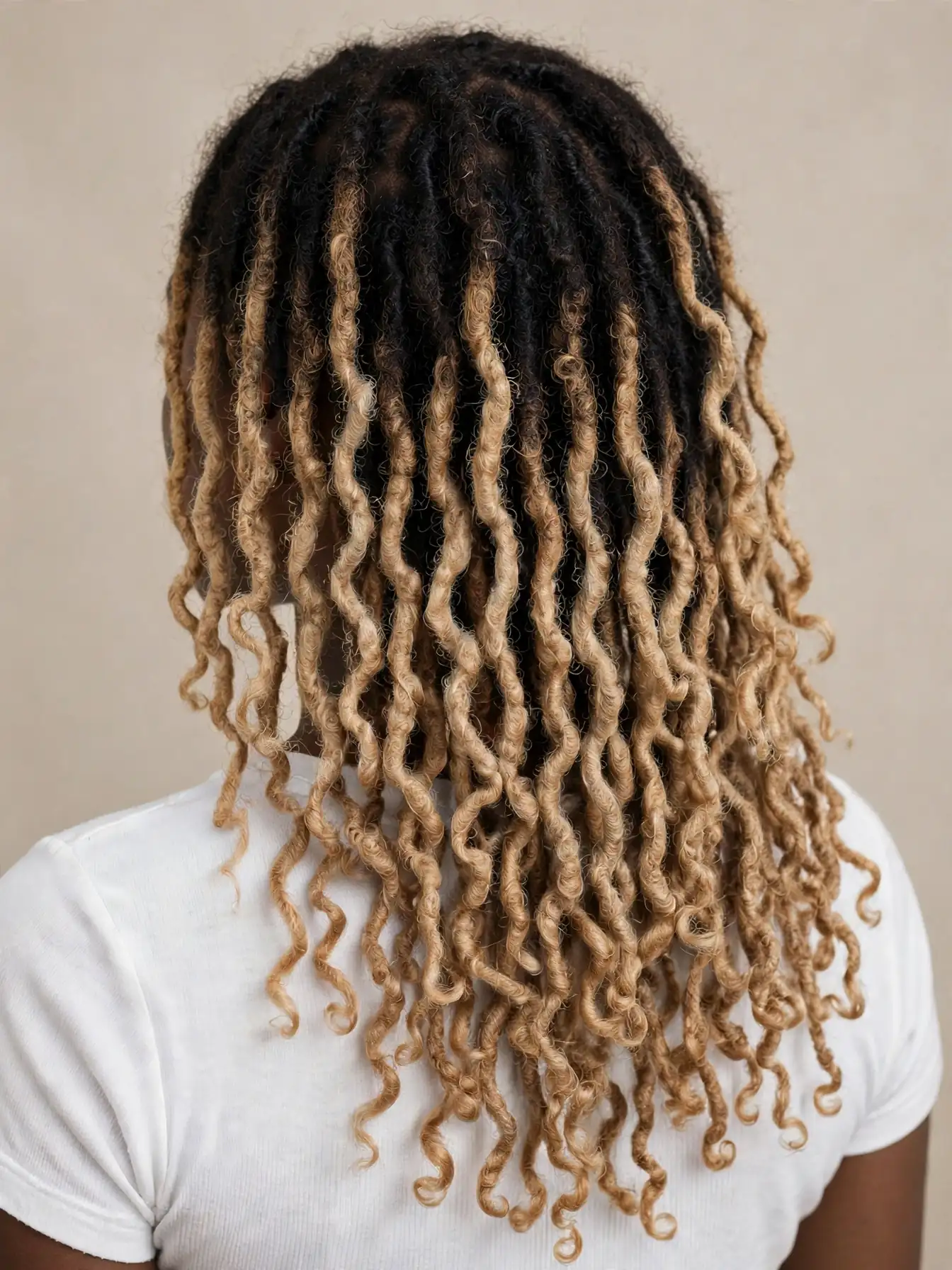Back view of black-to-blonde ombre butterfly locs hairstyles with dark roots and blonde ends