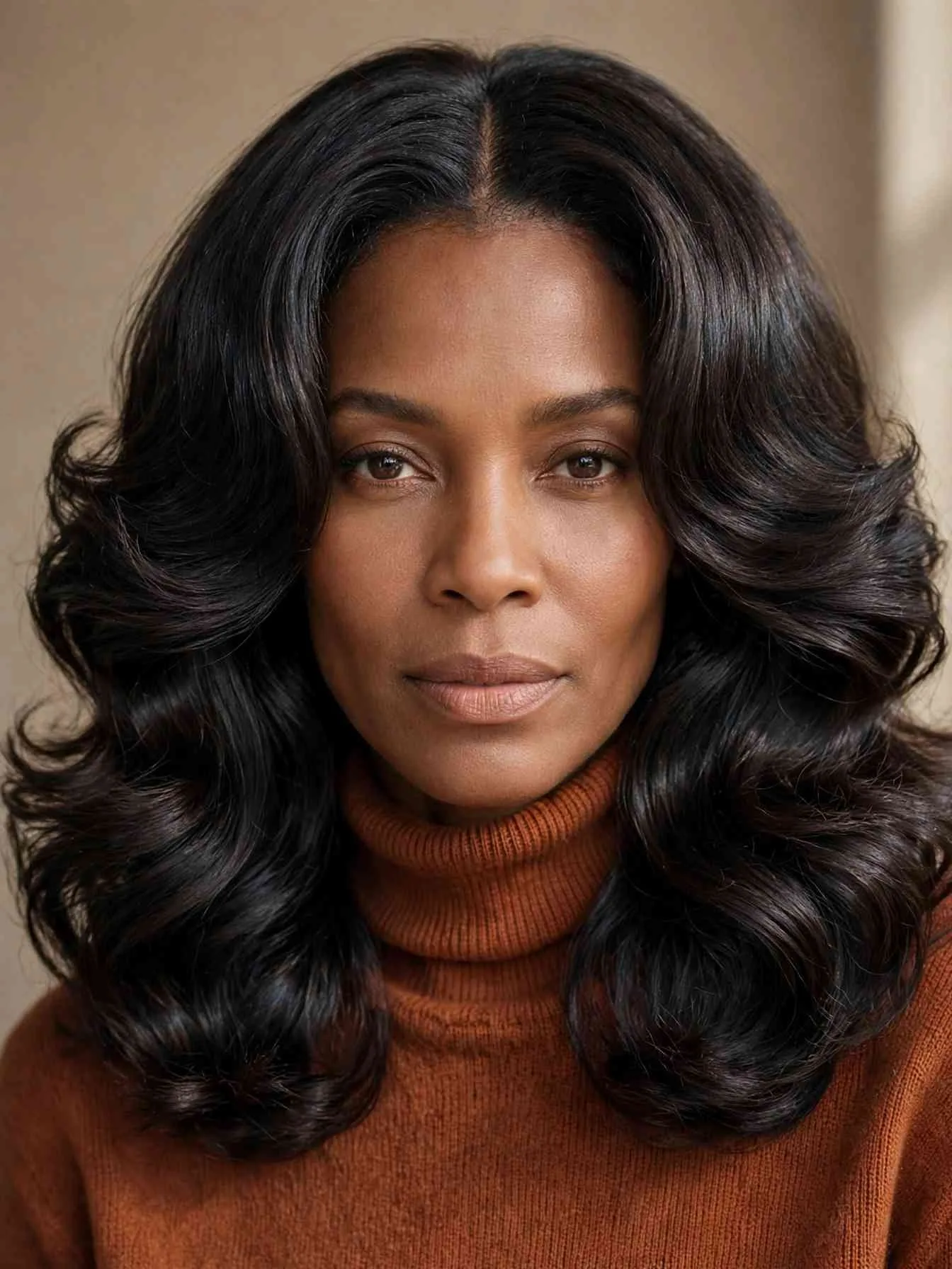 Voluminous brushed-out blowout waves with a center part