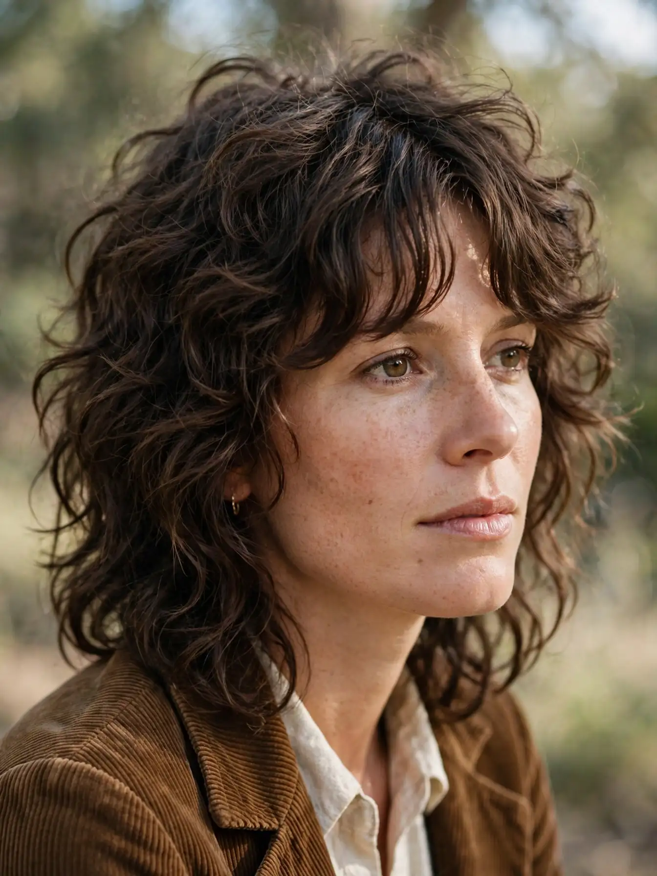 Curly shag haircut with soft curtain bangs