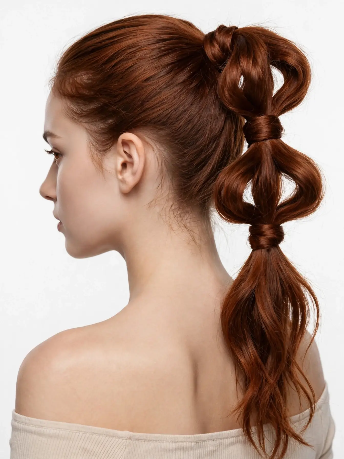 Double infinity knot ponytail with two oversized loops on auburn hair