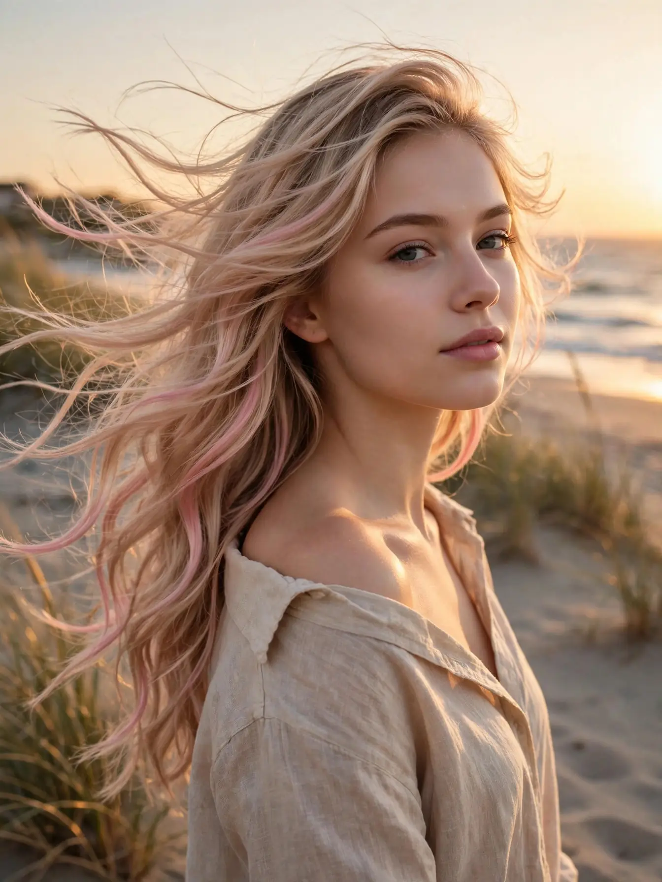 A woman on the beach with long wavy blonde hair woven through with pastel pink balayage ribbons lifting in the wind.