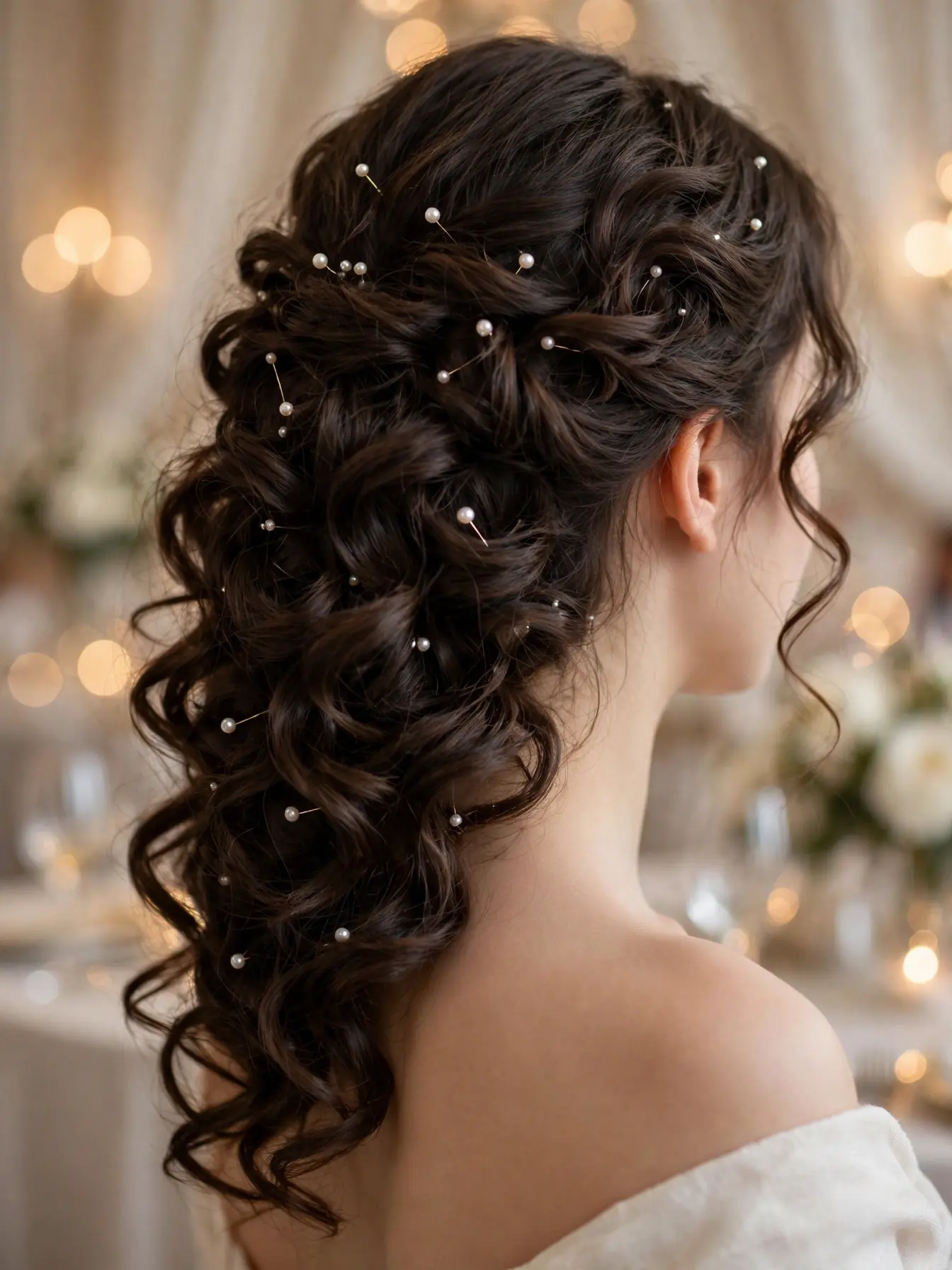 Soft bridal curls decorated with pearl hair pins