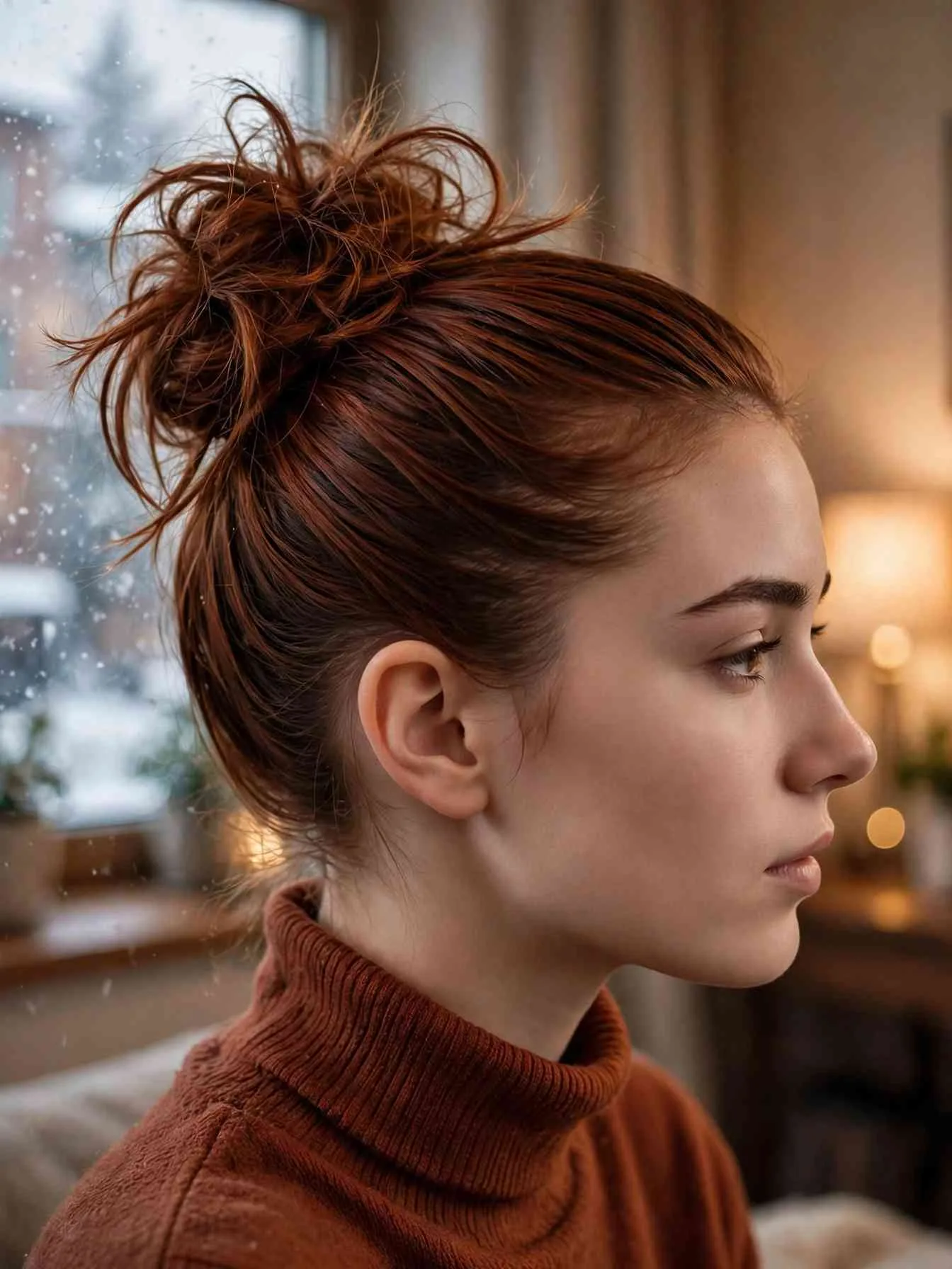Side profile of sleek slicked-back sides with a tousled messy bun, auburn hair