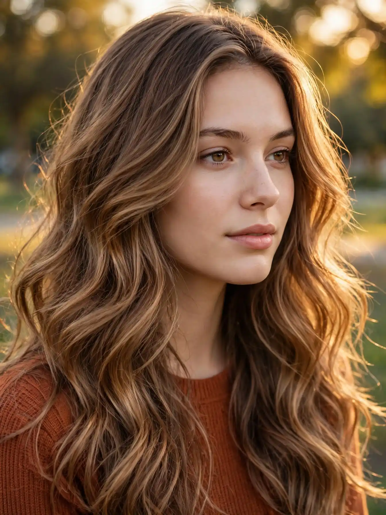 Warm caramel mocha melt on long wavy hair