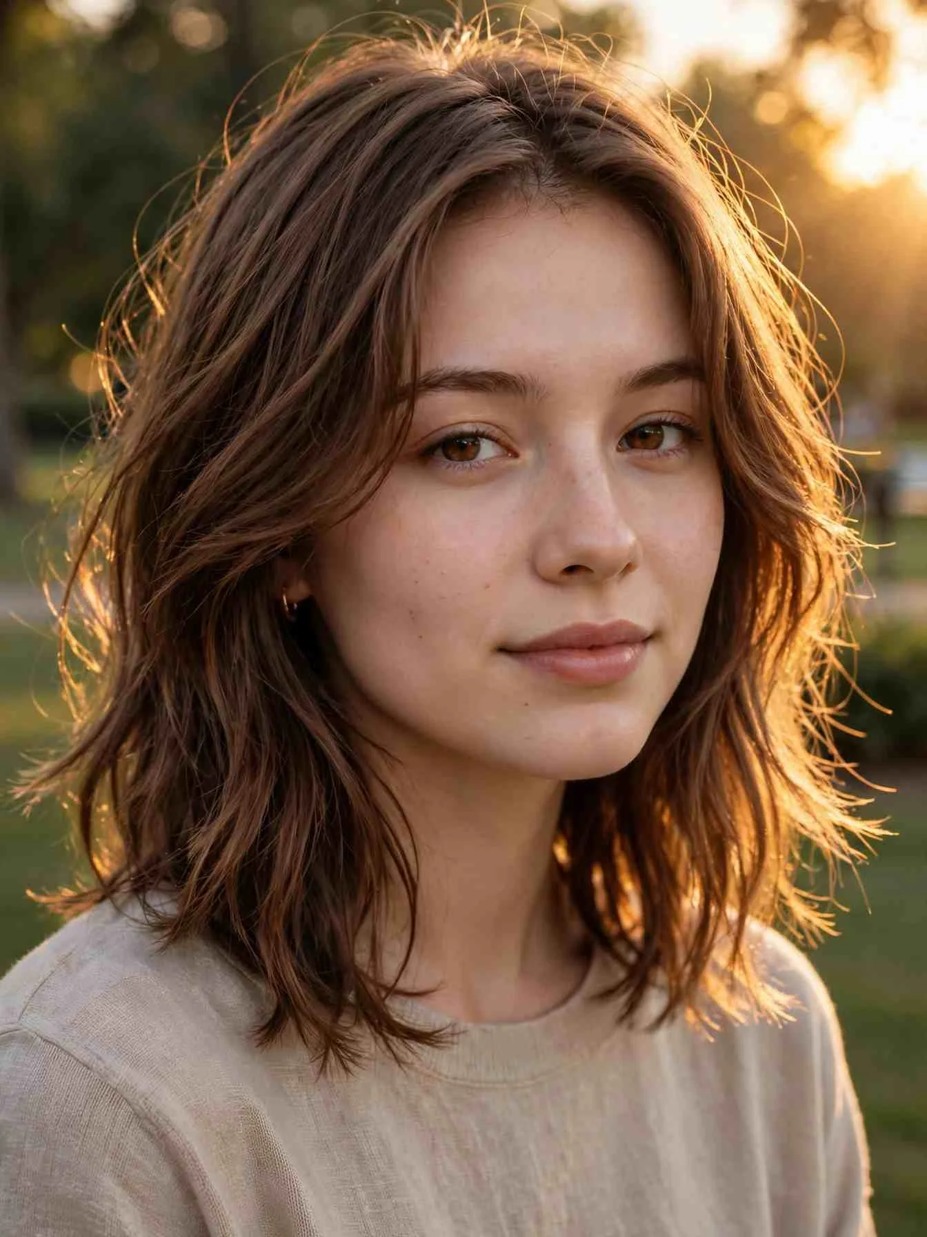 Long feathered lob at collarbone length