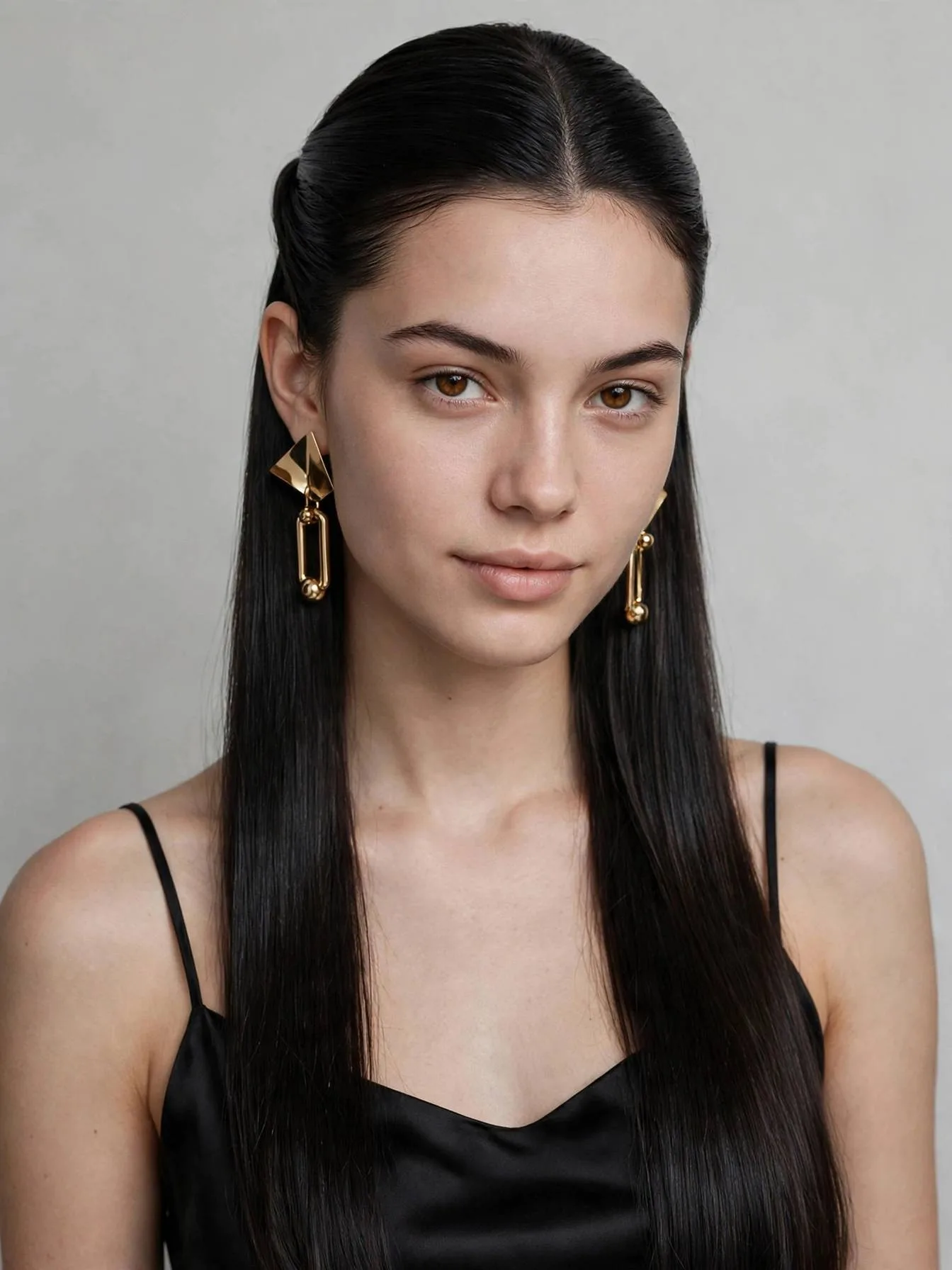 Sleek glass-finish half-up hairstyle with straight glossy hair and middle part