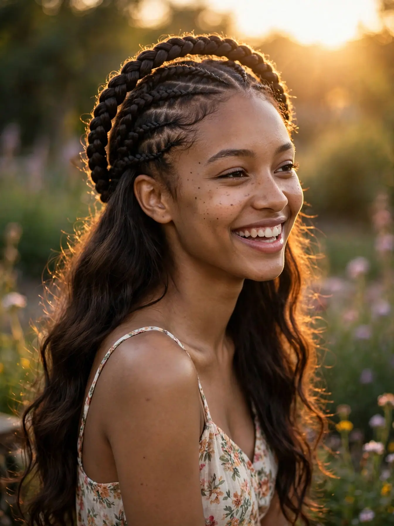 Feed-in braided crown sew-in braided leave-out hairstyle with wavy hair at golden hour