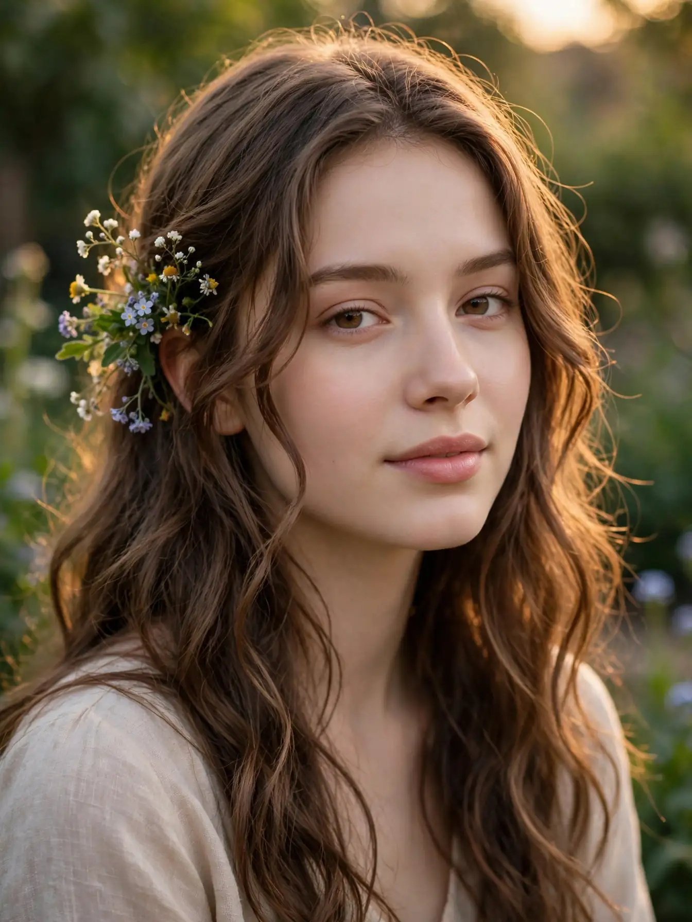 Loose waves with small wildflowers tucked behind the ear