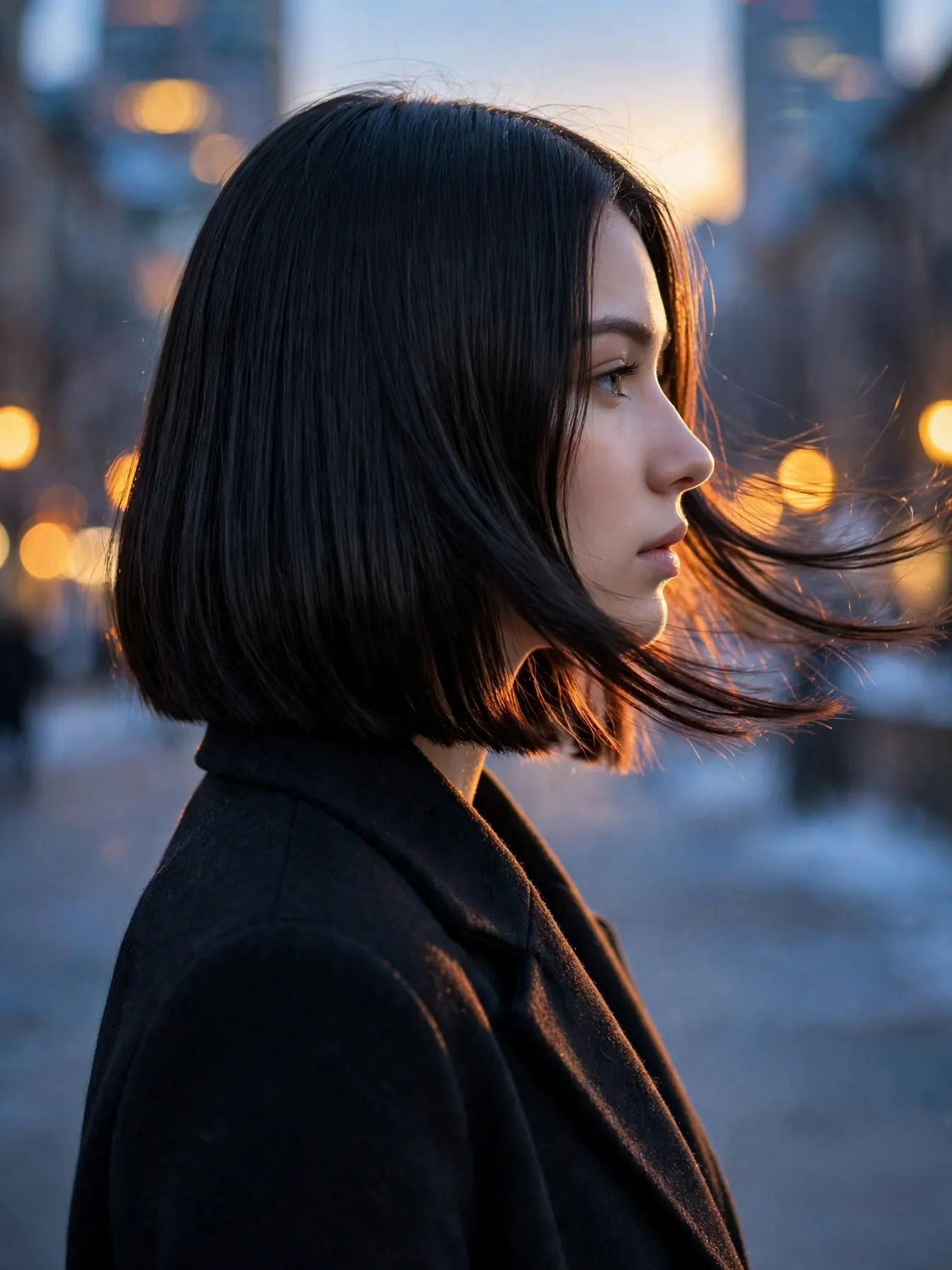 Near-black blunt glass bob with a mirror finish and sharp jawline perimeter