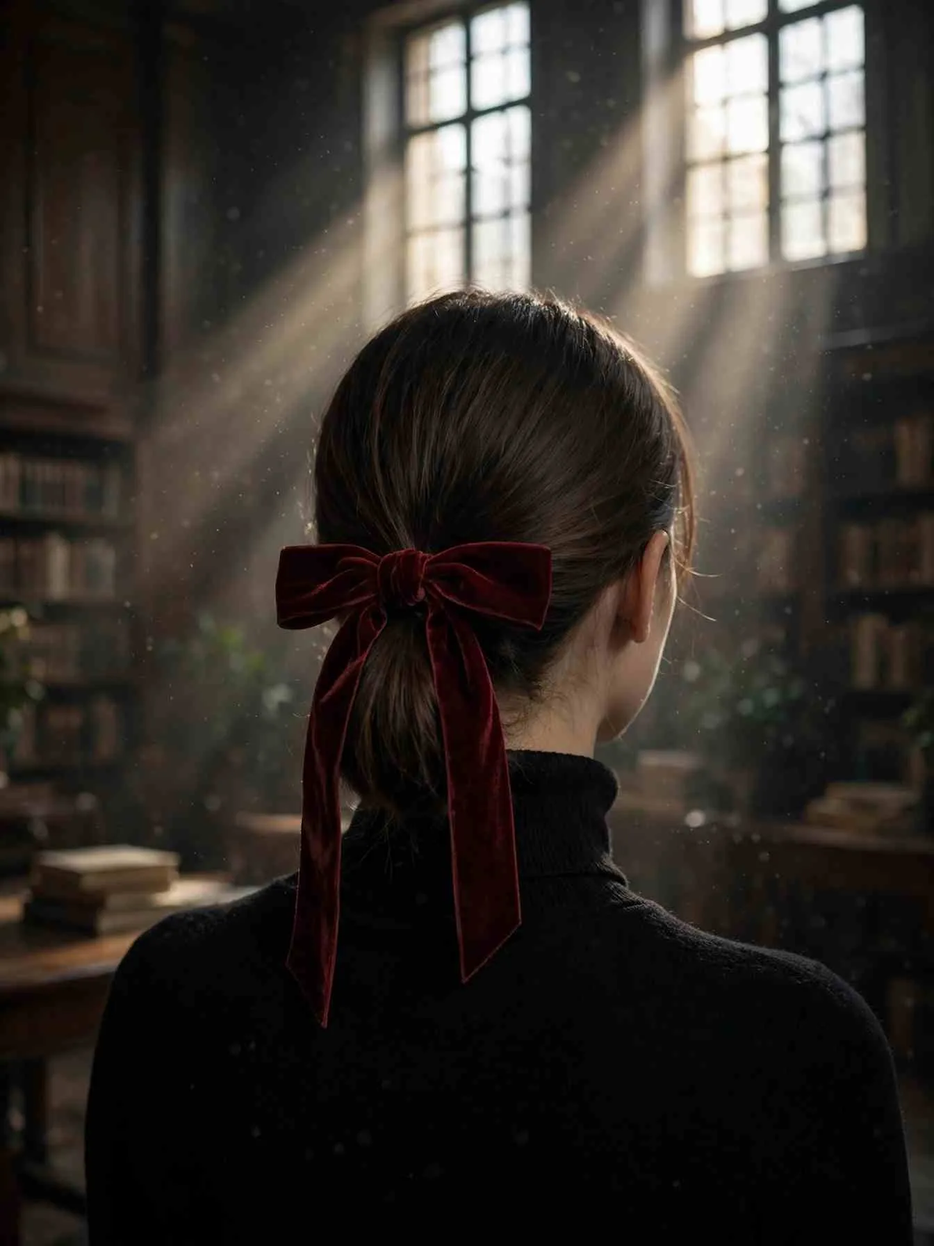 Low ponytail tied with an oxblood velvet ribbon bow