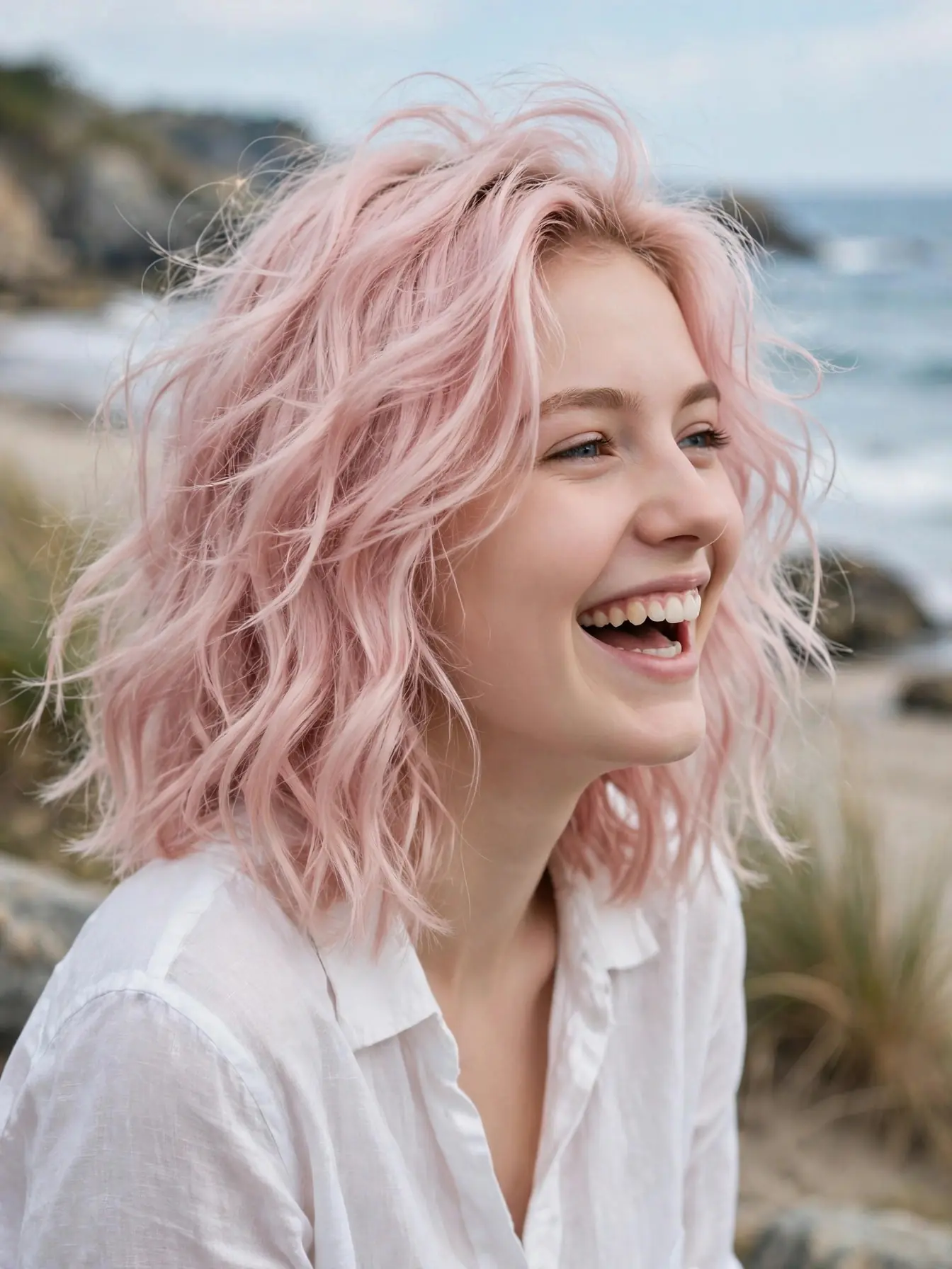 A woman laughing candidly on the seaside with delicate baby pink tousled beachy waves.