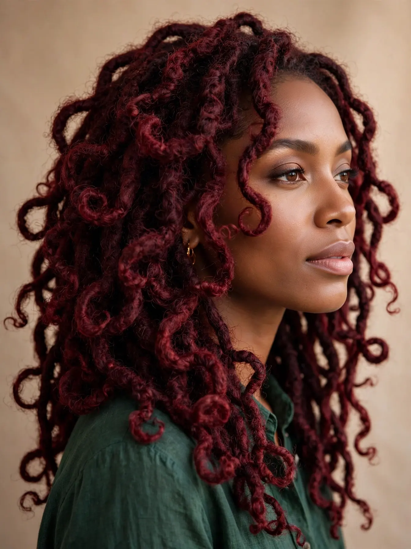 Woman with deep burgundy butterfly locs in a loopy distressed texture