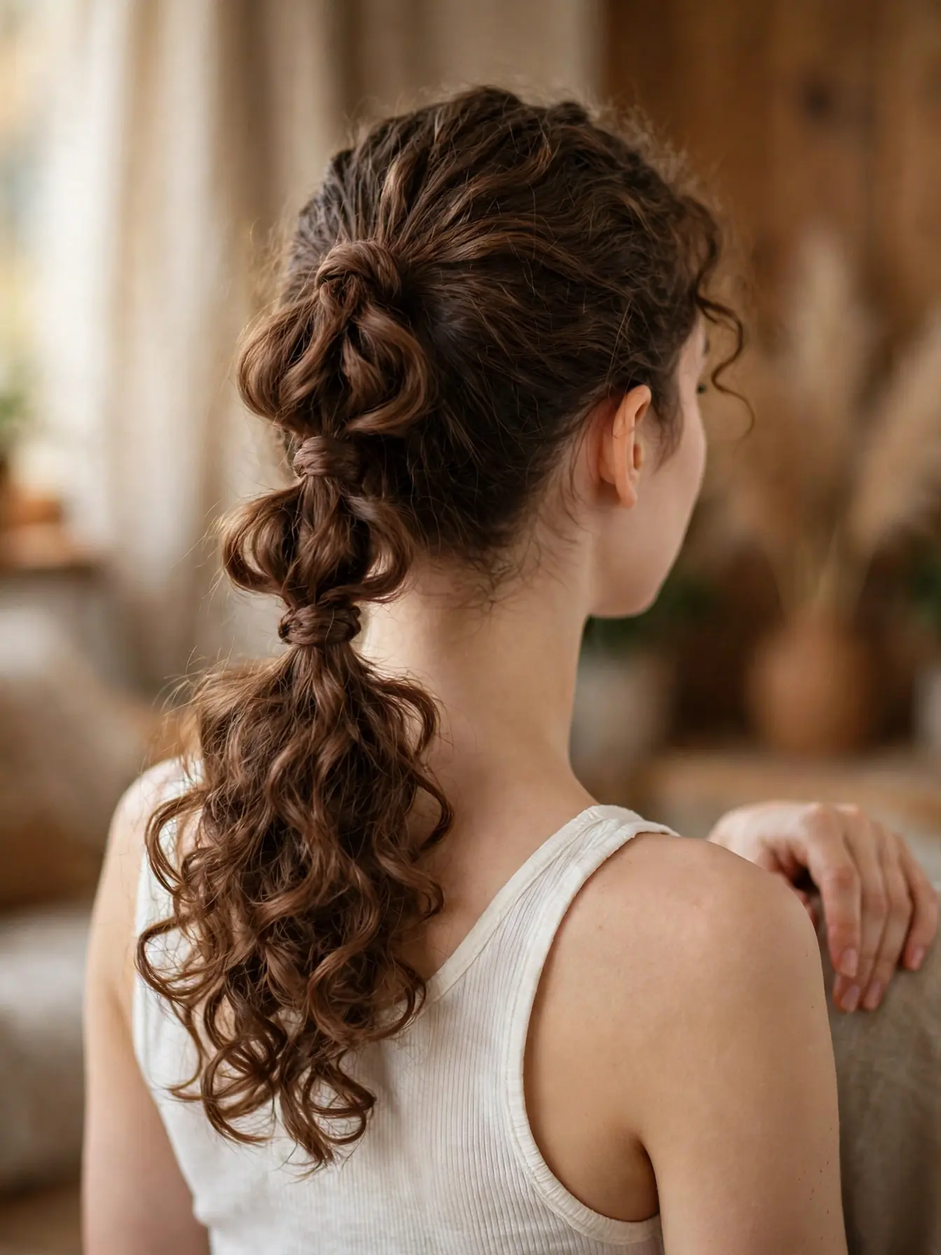 Curly infinity knot ponytail with soft loose knots on defined brown curls