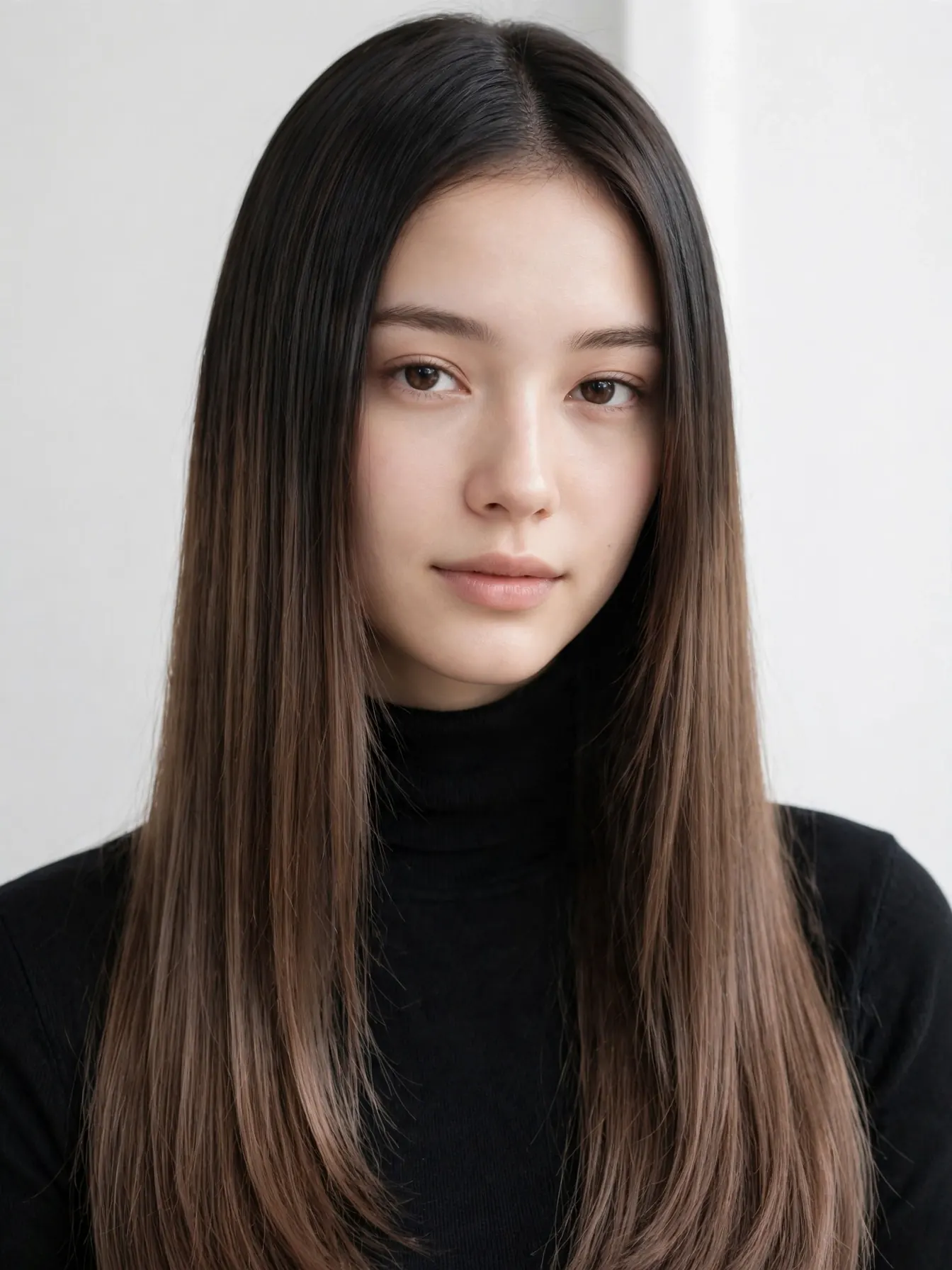 Espresso roots blended into mocha ends on sleek hair