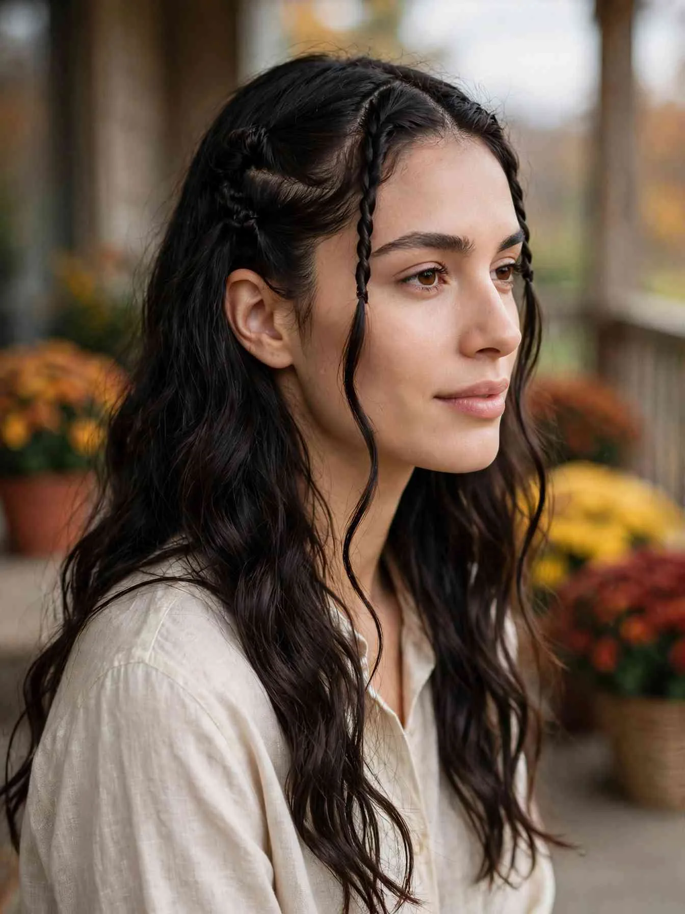 Two slim front twists pinned back, long dark wavy hair worn down