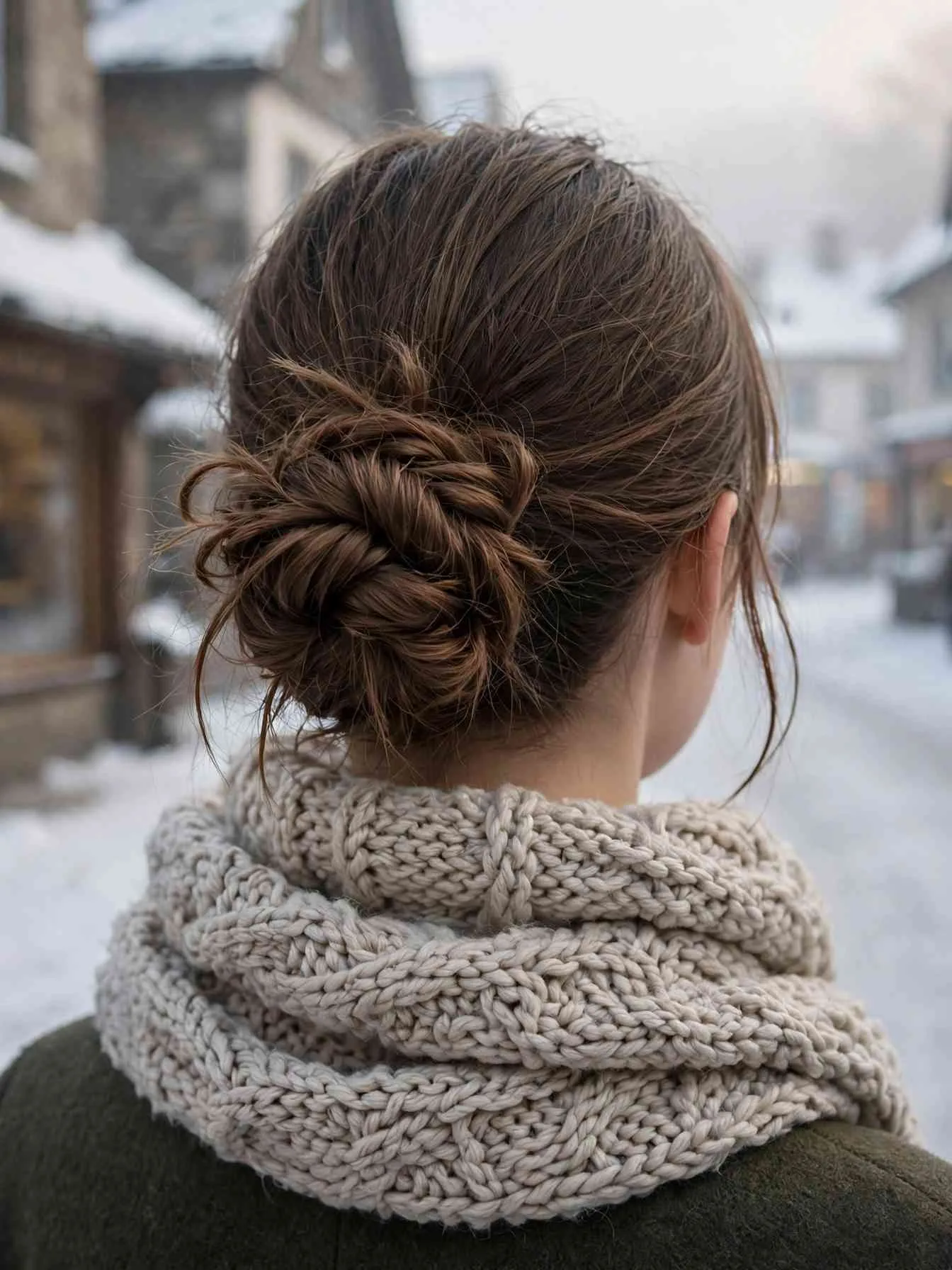 Rope-twist low messy bun at the nape worn under a wrapped chunky knit scarf
