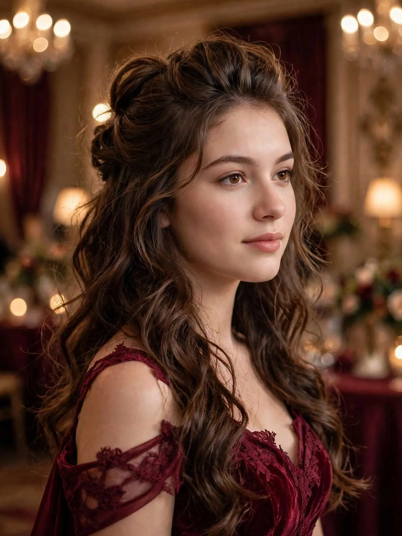 Half-up hairstyle with loose waves and lifted volume at the crown