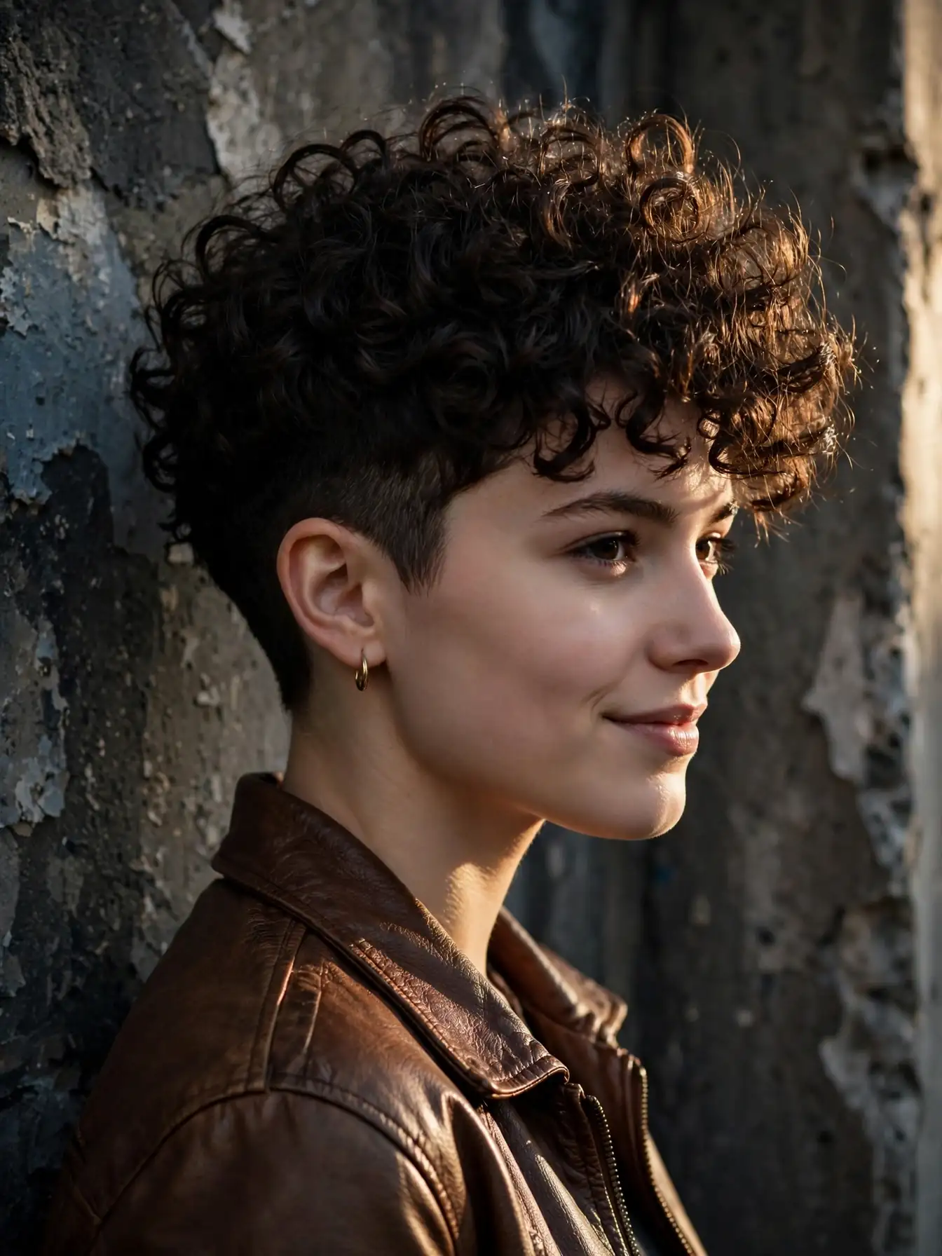 Disconnected curly pixie with a long curly top and short sides