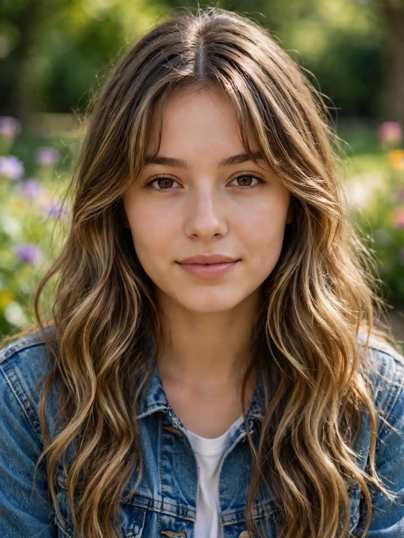 Curtain bangs blended into long wavy hair, front view