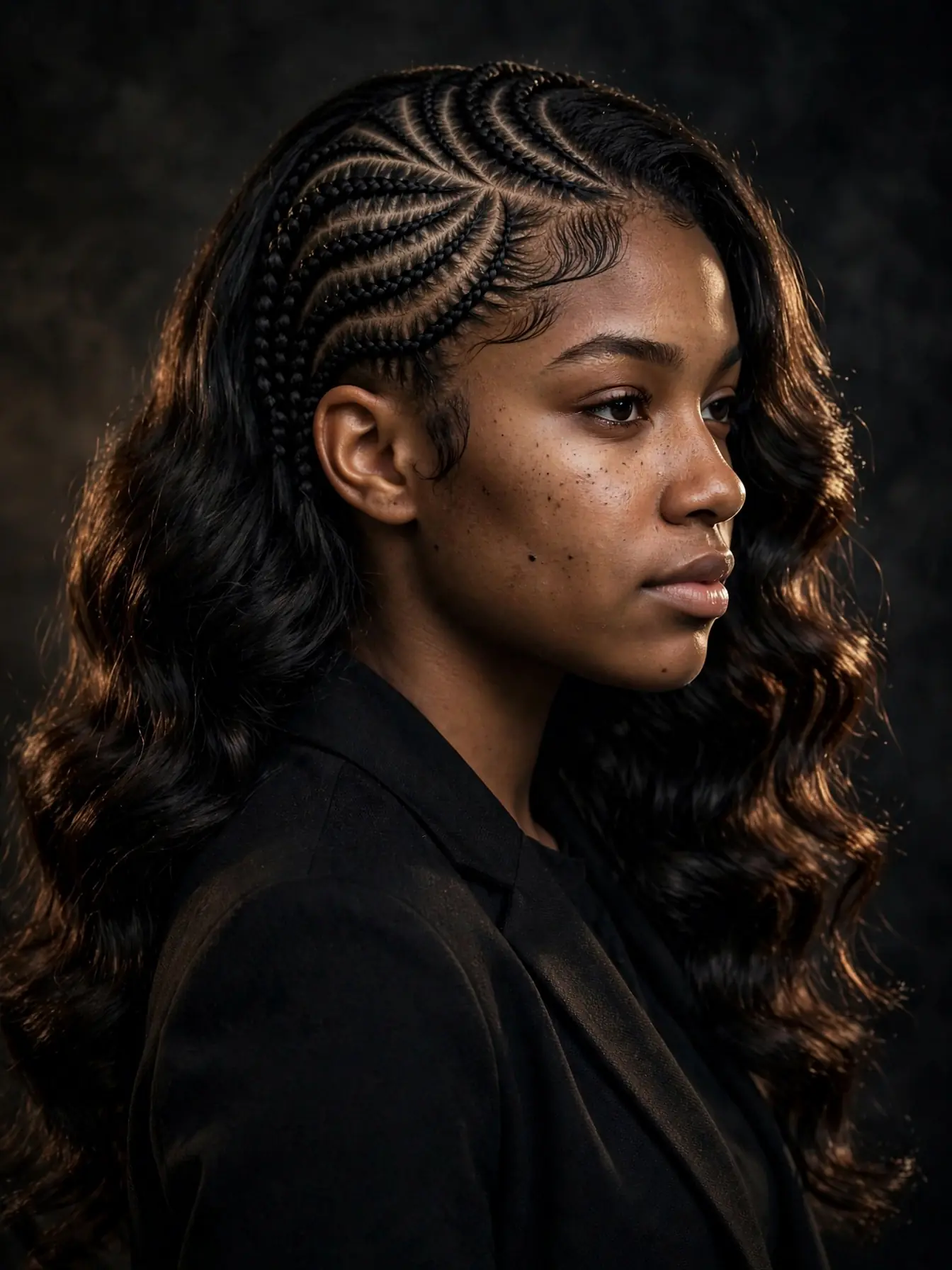 Tribal braids sew-in braided leave-out hairstyle with bouncy body wave bundles