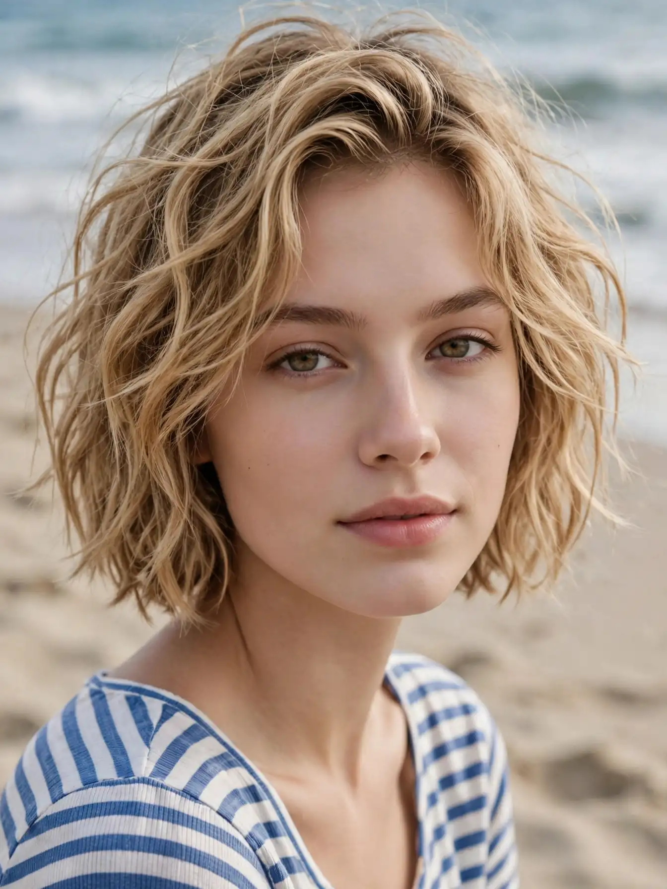 Chin-length wavy bob with tousled surfer texture on the beach