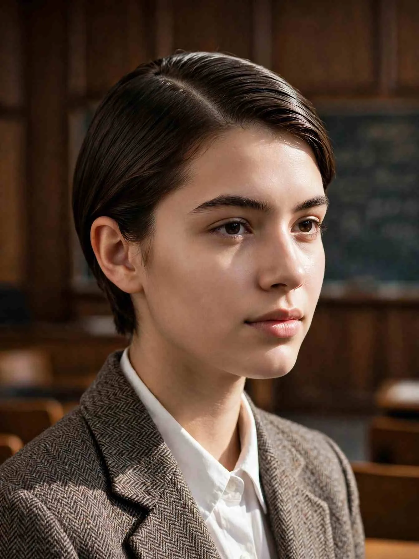 Slicked deep side part tucked behind the ears on short dark hair