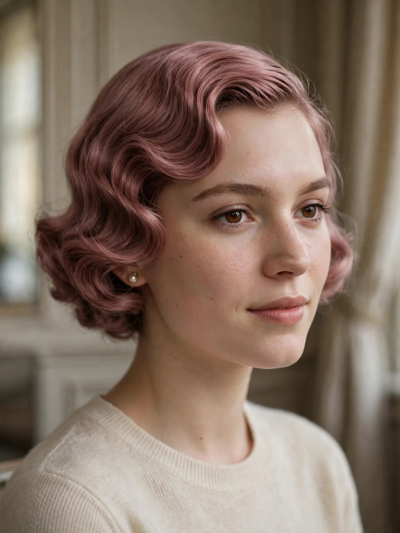 A woman wearing a pearl earring with muted dusty rose hair styled in a structured vintage finger-wave bob indoors.