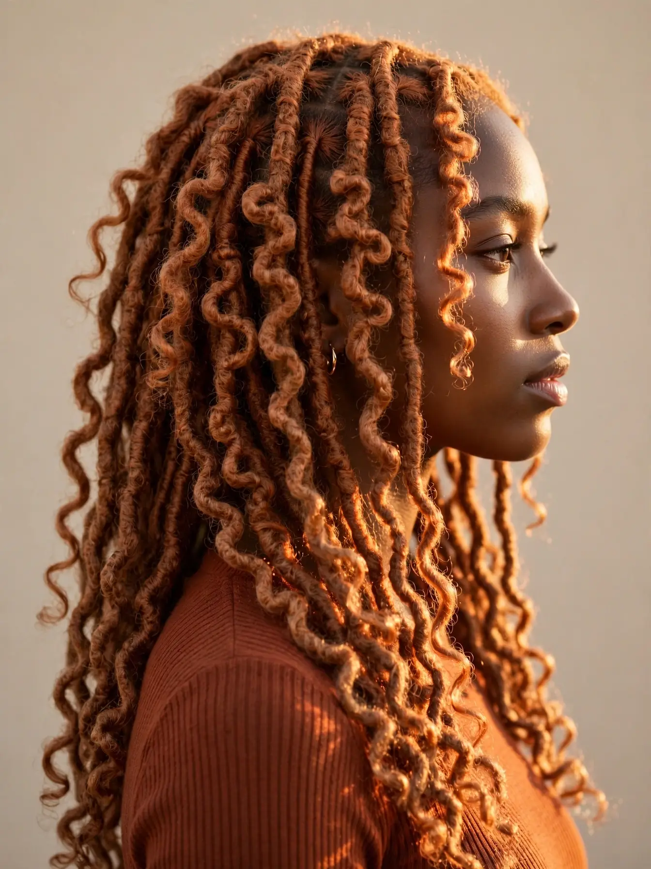 Side view of ginger copper butterfly locs falling past the shoulders