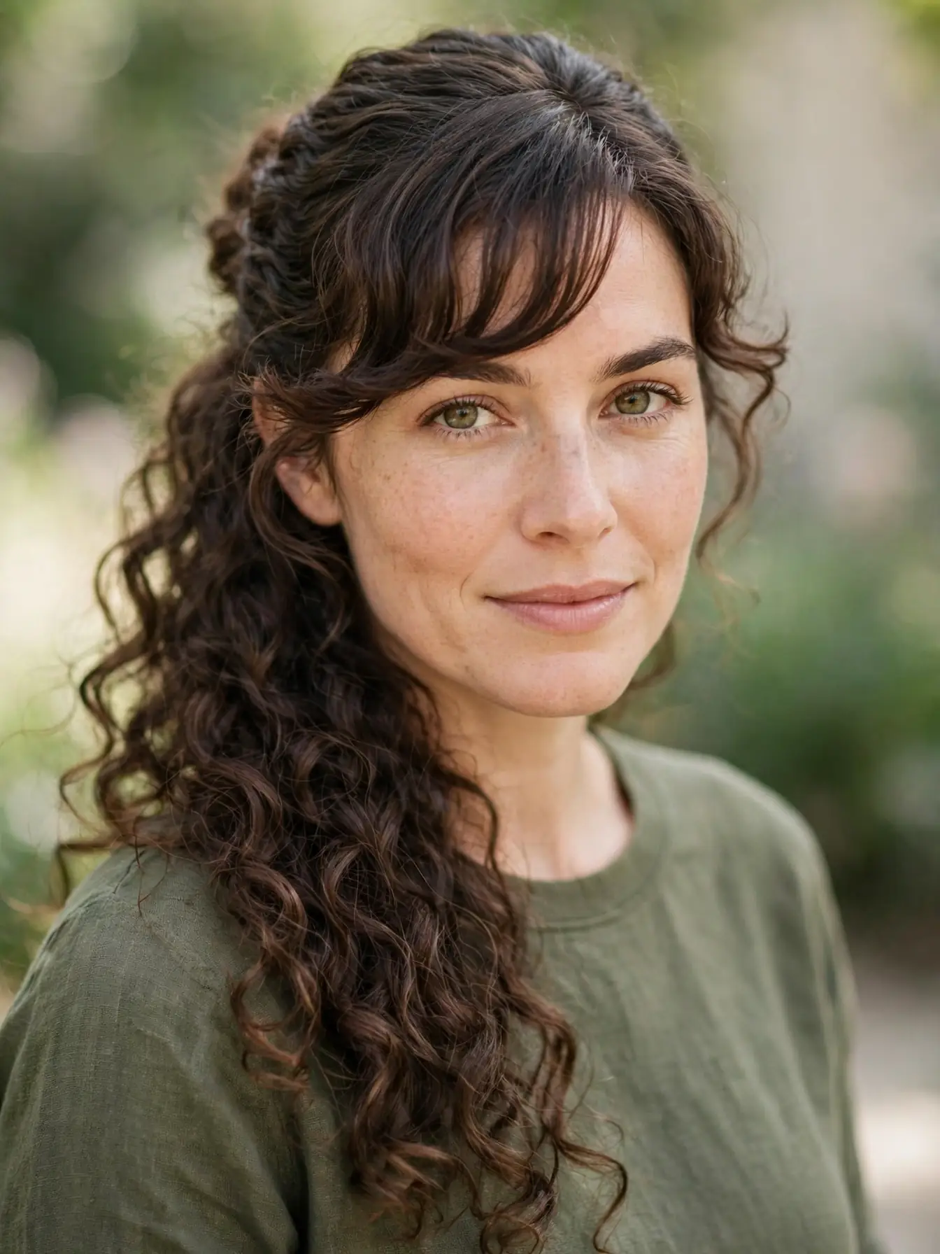 Half-up half-down curly hairstyle with side swoop